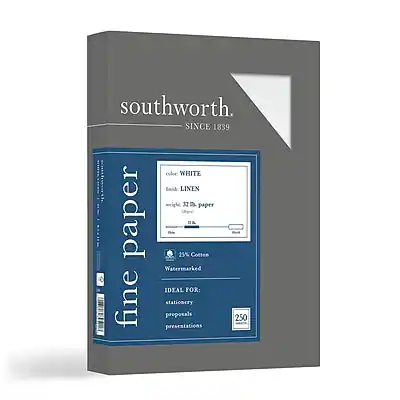 Southworth
SINCE 1839
fine paper
color: WHITE
finish: LINEN
weight: 32# paper
25% Cotton
Watermarked
IDEAL FOR:
stationery
proposals
presentations
250