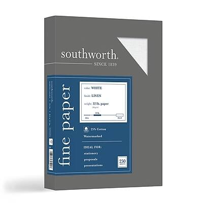 Southworth  
SINCE 1839  

fine paper  
color: WHITE  
finish: LINEN  
weight: 32# paper  

25% Cotton  
Watermarked  

IDEAL FOR:  
stationery  
proposals  
presentations  

250