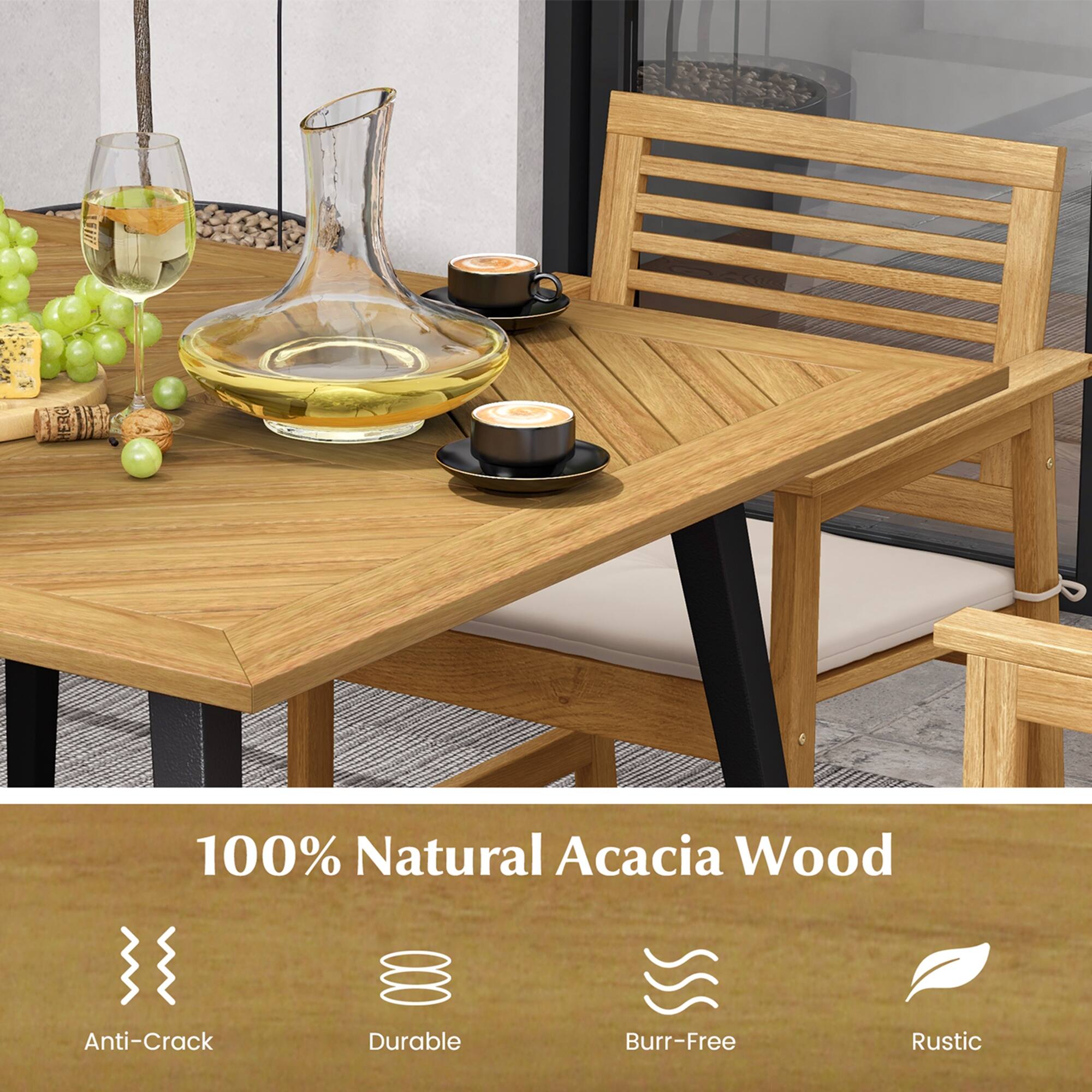 The text on the image reads "100% Natural Acacia Wood Anti-Crack Durable Burr-Free Rustic."