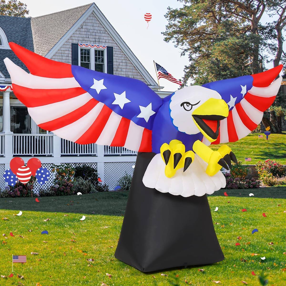 Left. GOOSH Inflatables - GOOSH 6FT Patriotic Independence Day American Flying Bald Eagle Inflatable with LED Lights - White.