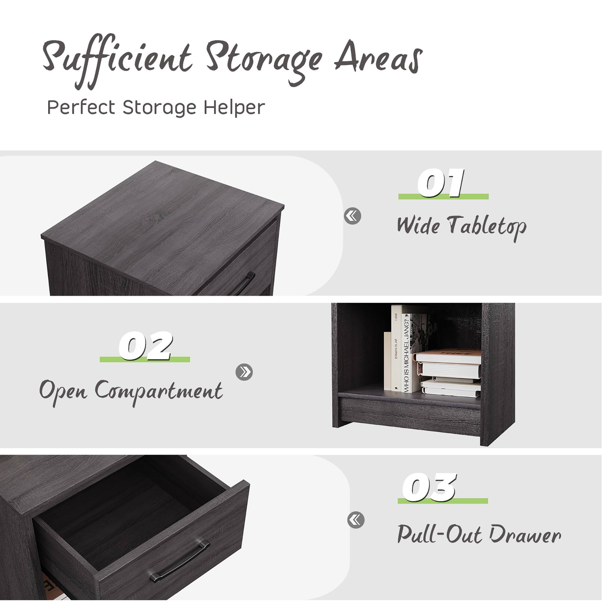 Sufficient Storage Areas Perfect Storage Helper 01 Wide Tabletop 02 Open Compartment 03 Pull-Out Drawer