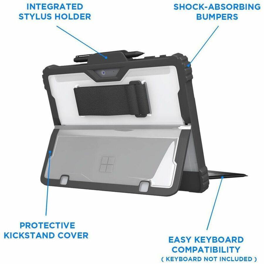 INTEGRATED STYLUS HOLDER  
SHOCK-ABSORBING BUMPERS  
PROTECTIVE KICKSTAND COVER  
EASY KEYBOARD COMPATIBILITY (KEYBOARD NOT INCLUDED)