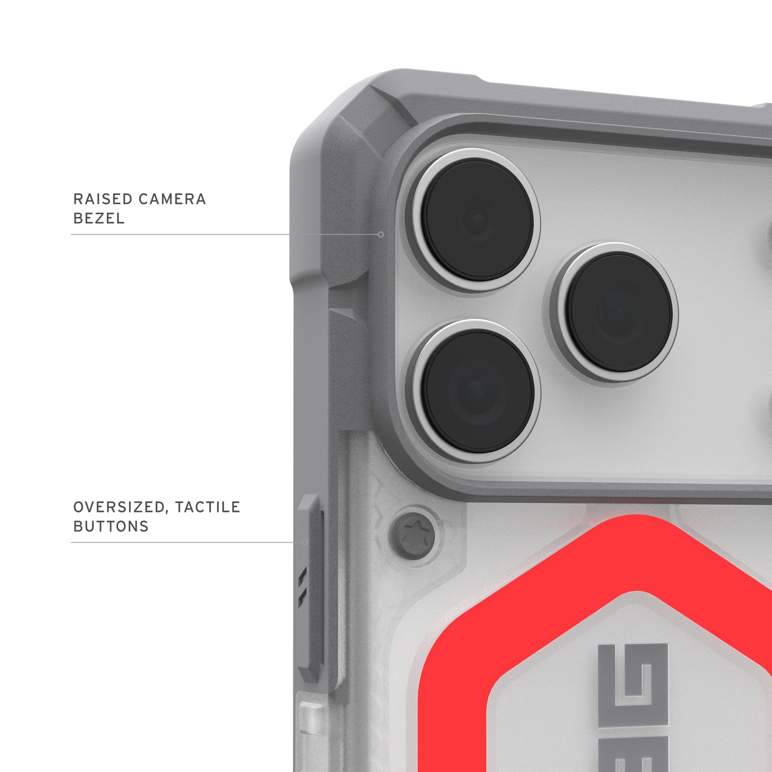 RAISED CAMERA BEZEL  
OVERSIZED, TACTILE BUTTONS