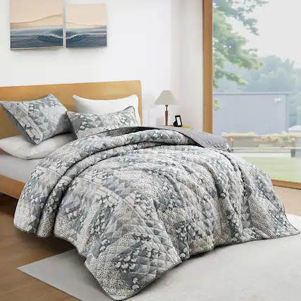Front. Nest - Peace Nest Soft Printed Coverlet Set Floral Geometric Bedspread Modern Reversible Quilt and Shams Set - Patina.