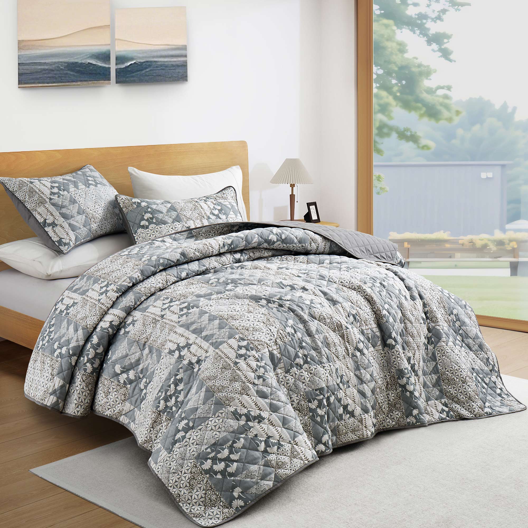 Front. Nest - Peace Nest Soft Printed Coverlet Set Floral Geometric Bedspread Modern Reversible Quilt and Shams Set - Patina.