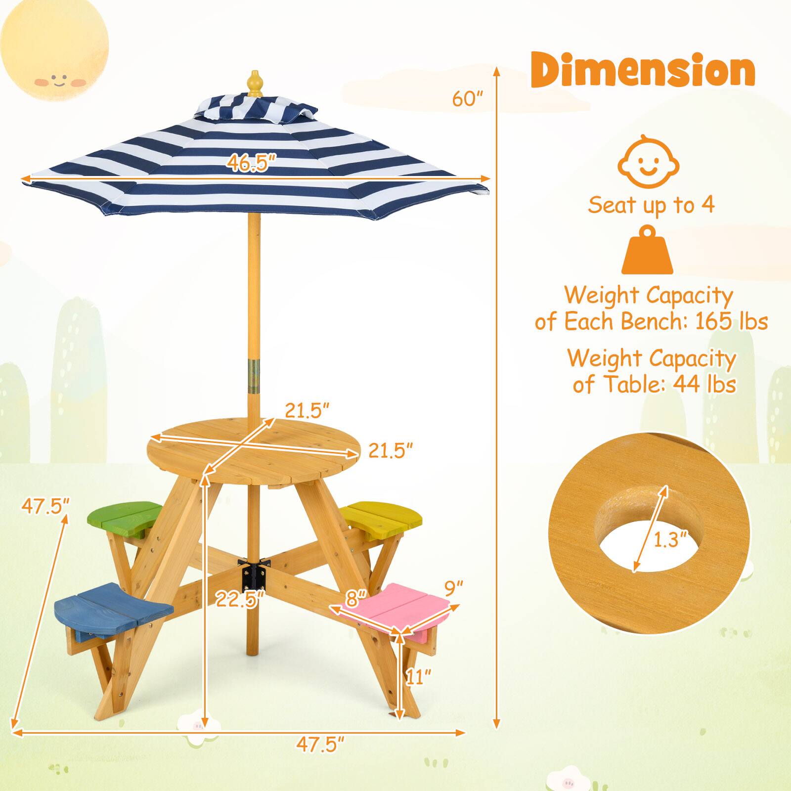 Dimension  
60" x 46.5"  
Seat up to 4  
Weight Capacity of Each Bench: 165 lbs  
Weight Capacity of Table: 44 lbs  

21.5"  
47.5"  
1.3"  
22.5"  
8"  
9"  
11"  
47.5"