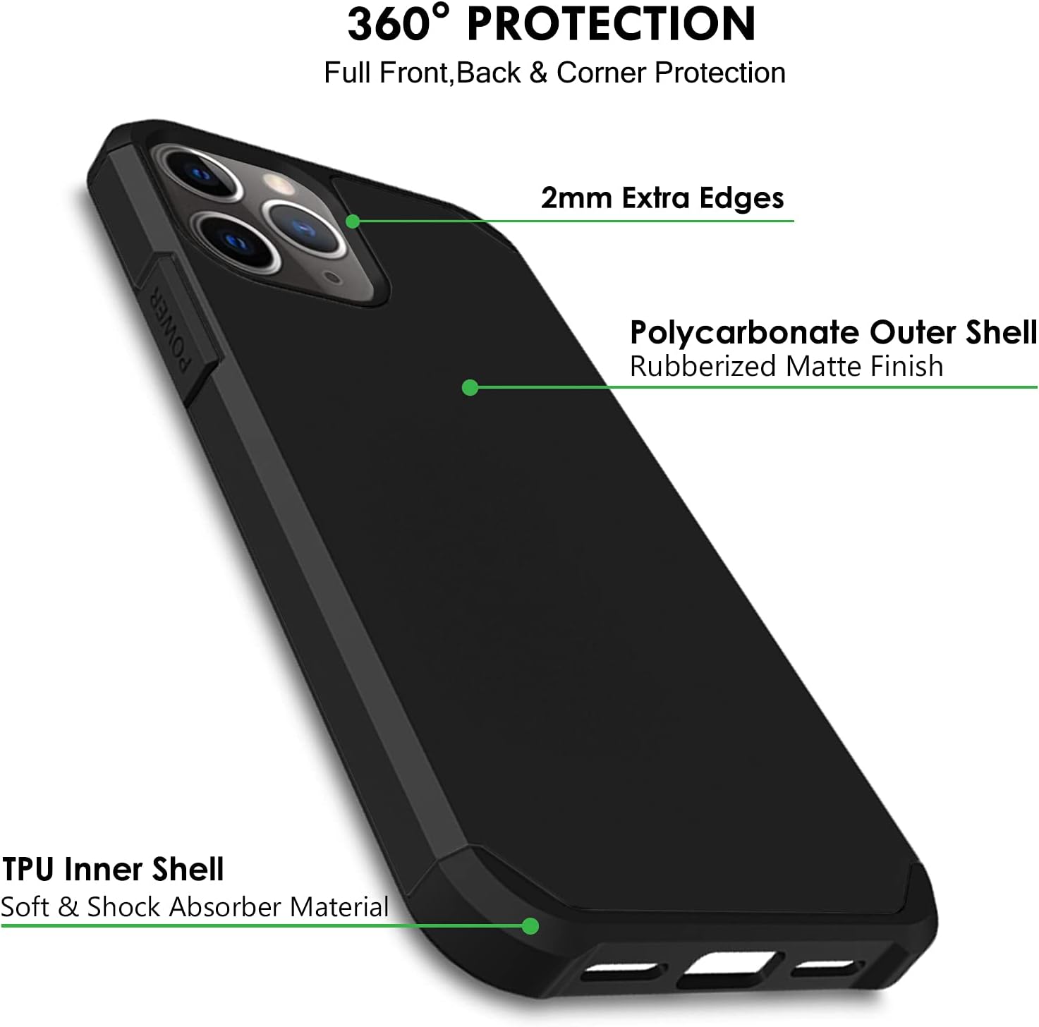 360° PROTECTION  
Full Front, Back & Corner Protection  
2mm Extra Edges  
Polycarbonate Outer Shell Rubberized Matte Finish  
TPU Inner Shell Soft & Shock Absorber Material