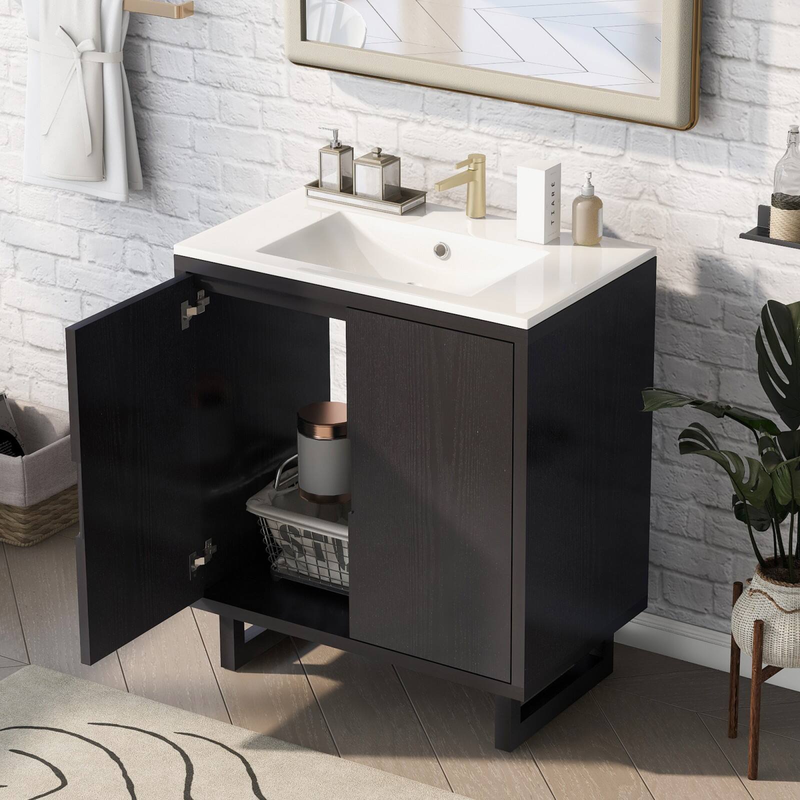 Alt View 1. Glintex - 30-Inch Bathroom Vanity with Resin Sink, Solid Wood Frame, Soft-Close Doors and Spacious Storage - Black.