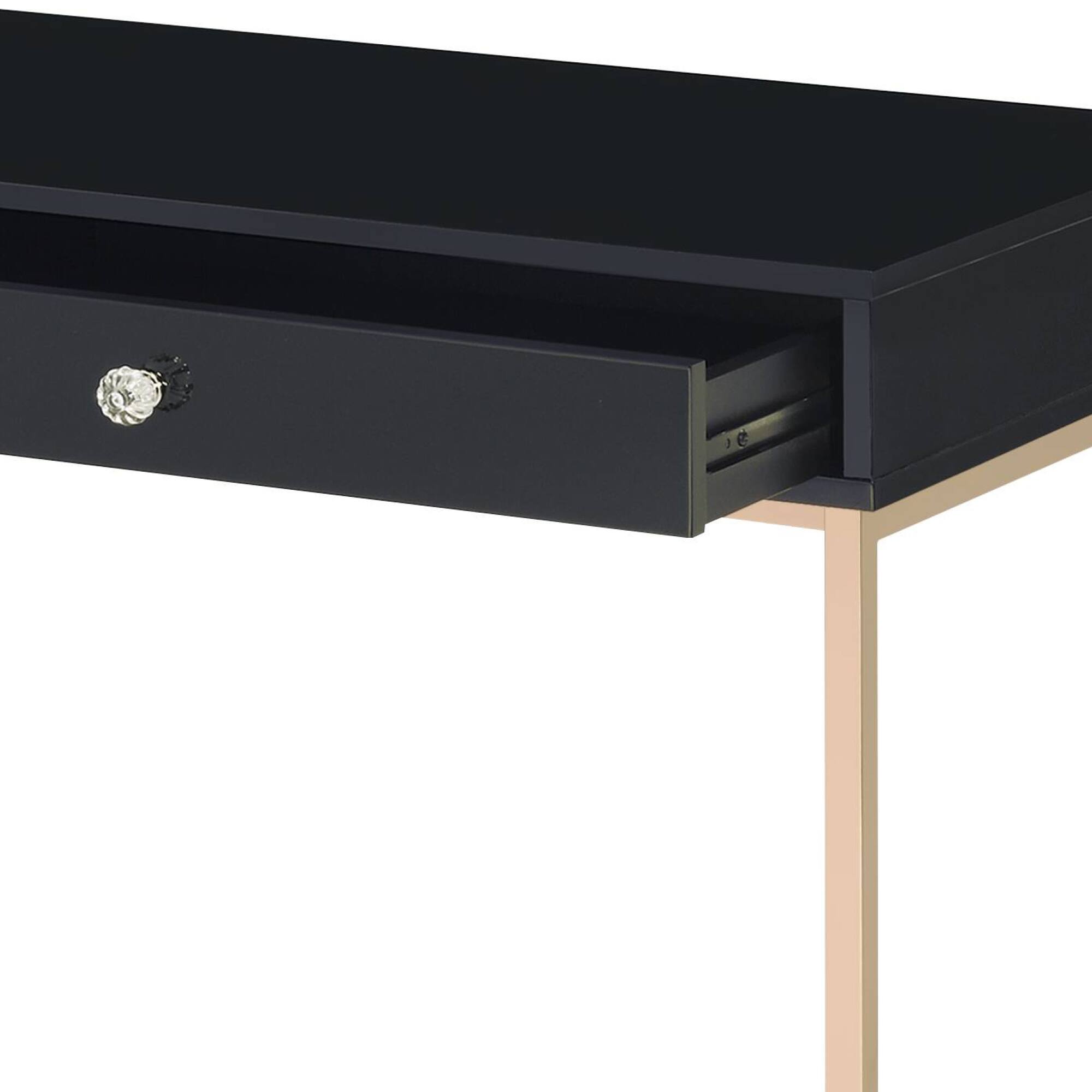 Angle. GOODSILO - Contemporary High Gloss Writing Desk with Metal Base and Two Storage Drawers for Modern Office - Black.