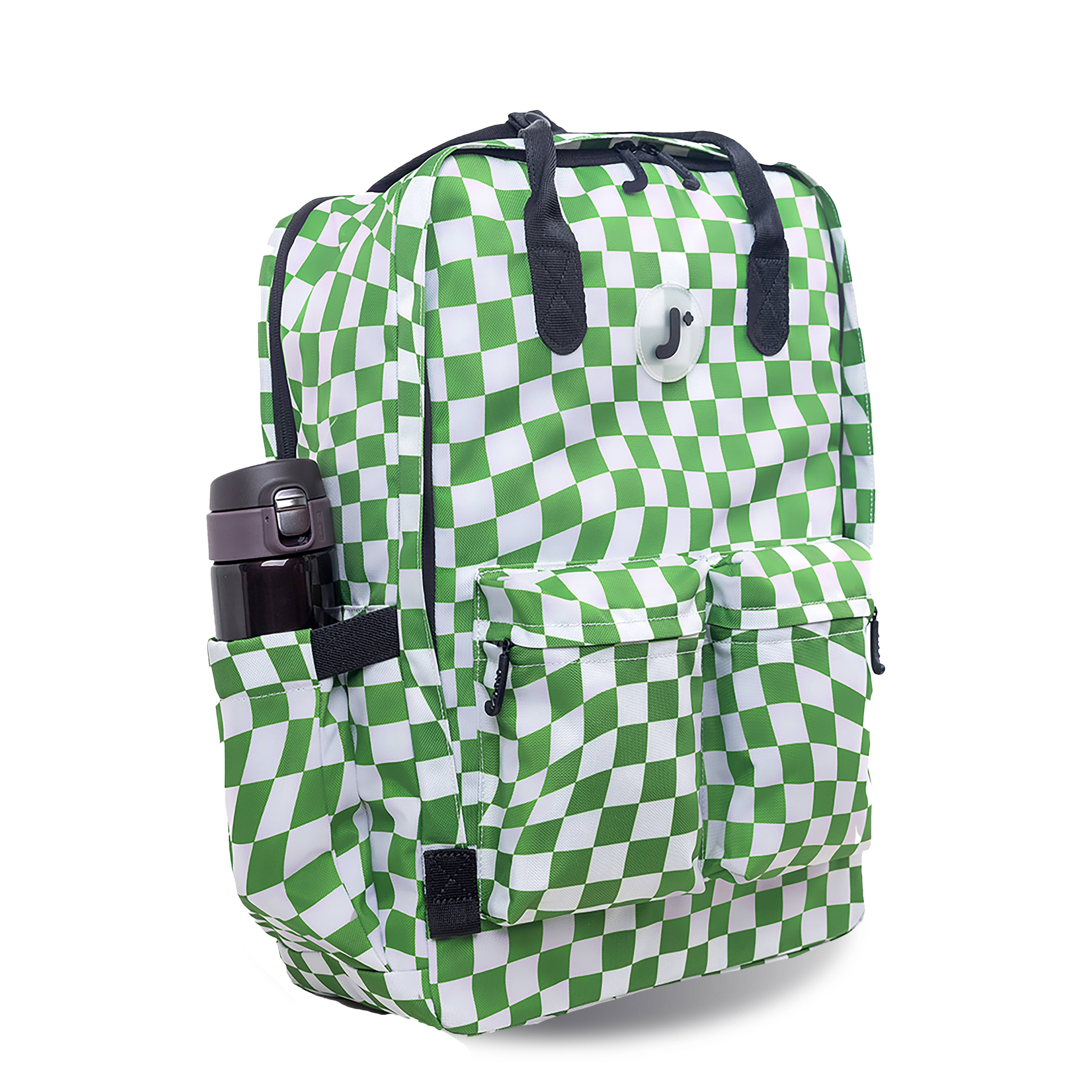 Angle. J World - J World Unisex Timo Multi-Functional Laptop Backpack for School and Travel, Matcha Checkers - MATCHA CHECKERS.