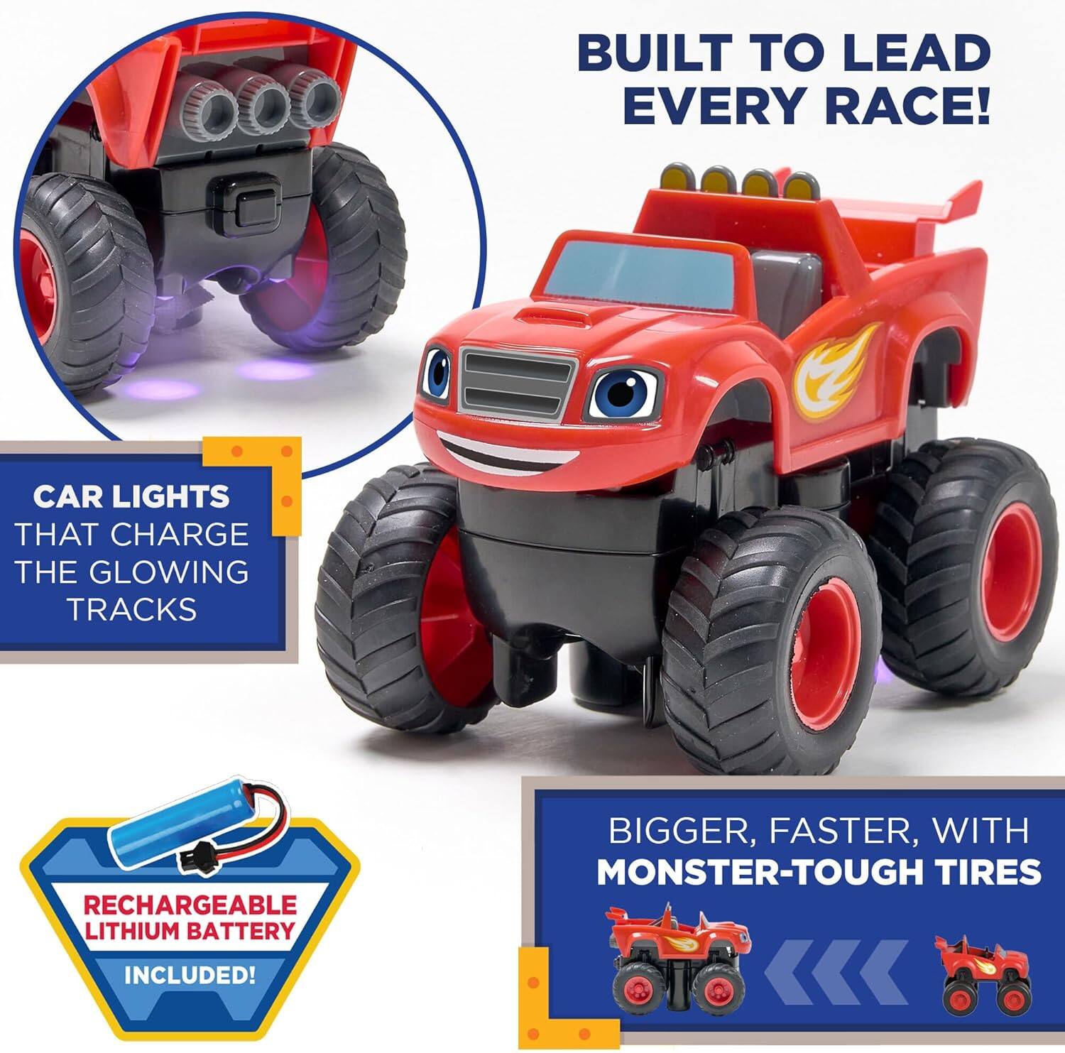 BUILT TO LEAD EVERY RACE!

CAR LIGHTS THAT CHARGE THE GLOWING TRACKS

RECHARGEABLE LITHIUM BATTERY INCLUDED!

BIGGER, FASTER, WITH MONSTER-TOUGH TIRES