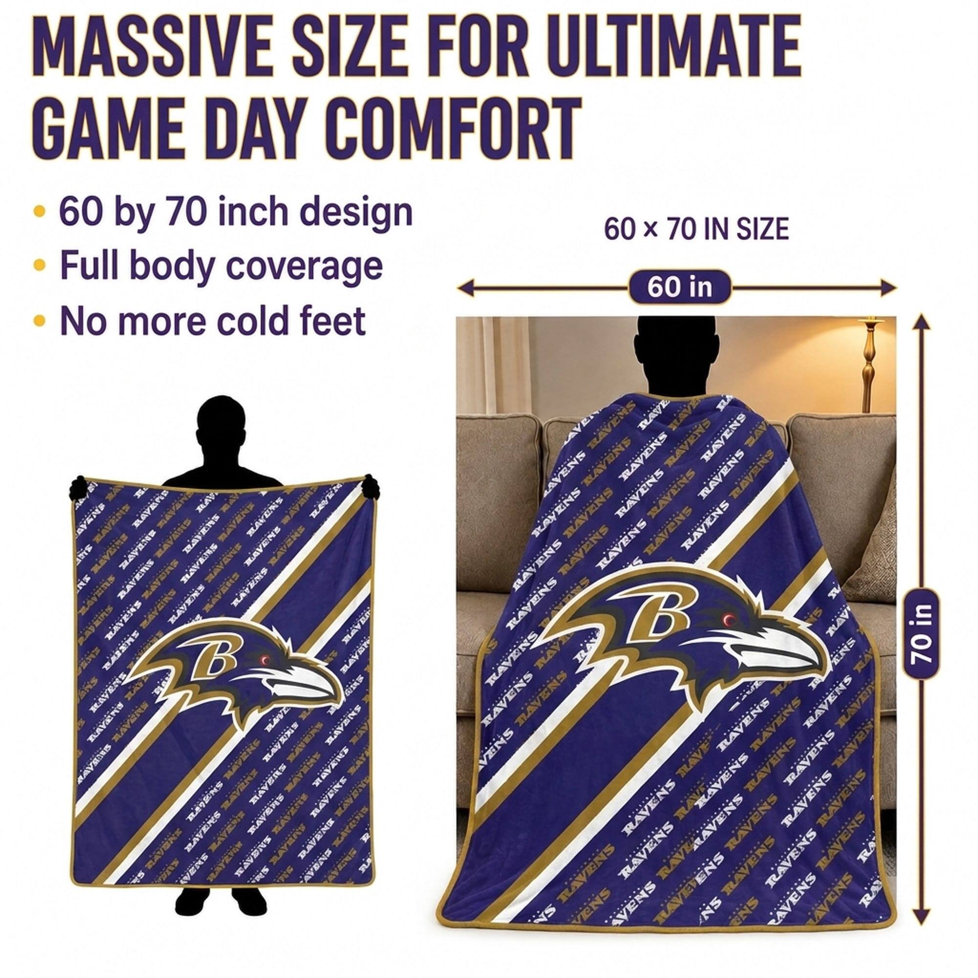 MASSIVE SIZE FOR ULTIMATE GAME DAY COMFORT  
60 by 70 inch design  
Full body coverage  
No more cold feet  

60 x 70 IN SIZE  
60 in  
70 in