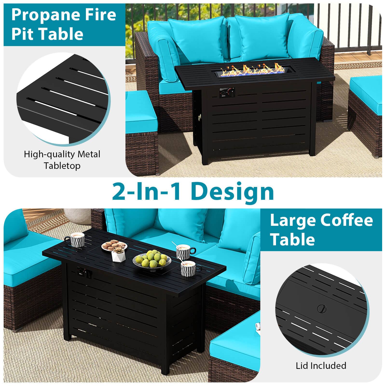 Alt View 9. Costway - Costway 5 PCS Patio Furniture Set Heavy-duty Frame Rattan Sofa Set with 60,000 BTU Firepit Table - Turquoise.