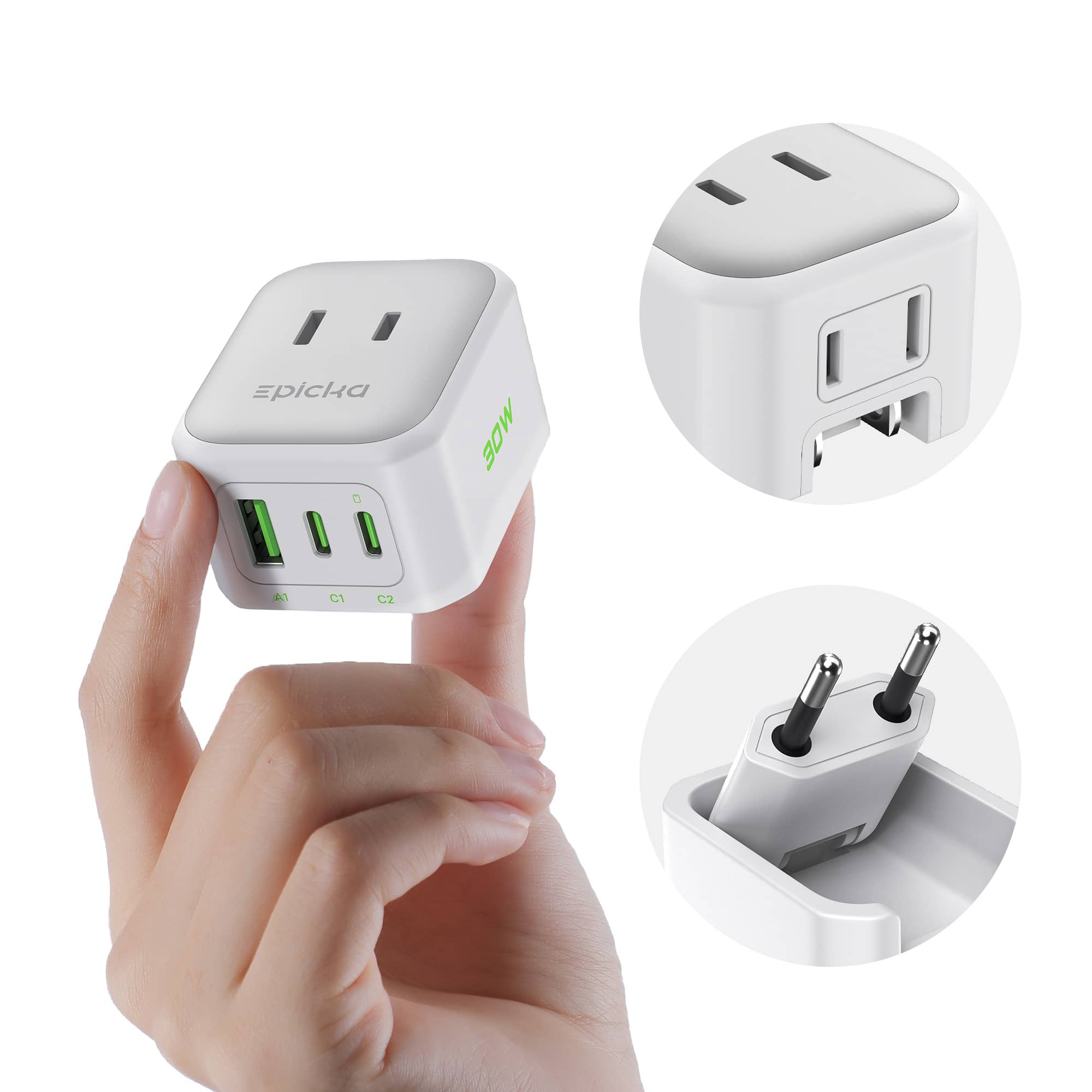 Epicka - Hybrid Mini International Power Adapter for US to Europe 30W PD Fast Charging 5-IN-1 Foldable Travel Plug Adapter - White