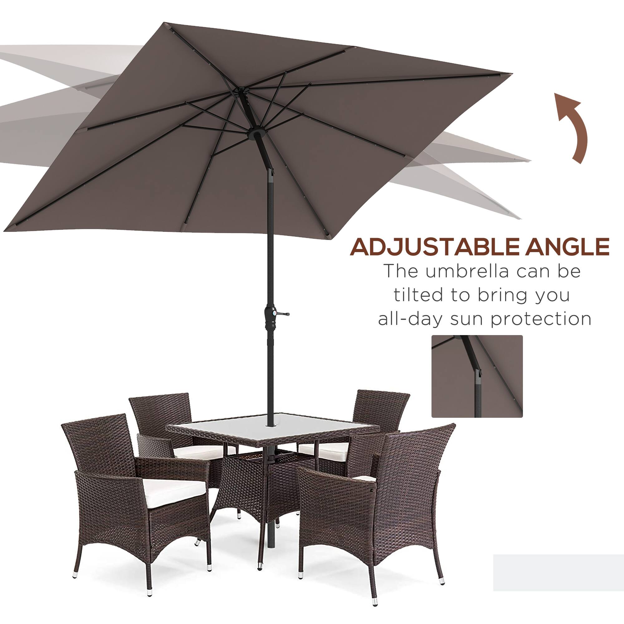 ADJUSTABLE ANGLE
The umbrella can be tilted to bring you all-day sun protection