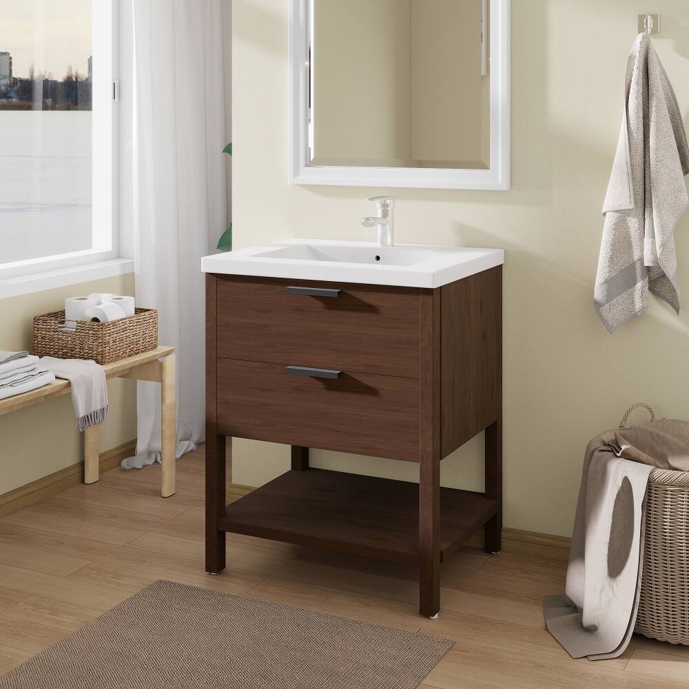 Front. Loheer - Loheer 24 inch freestanding bathroom vanity Ceramic Sink Plywood Brown - Brown.