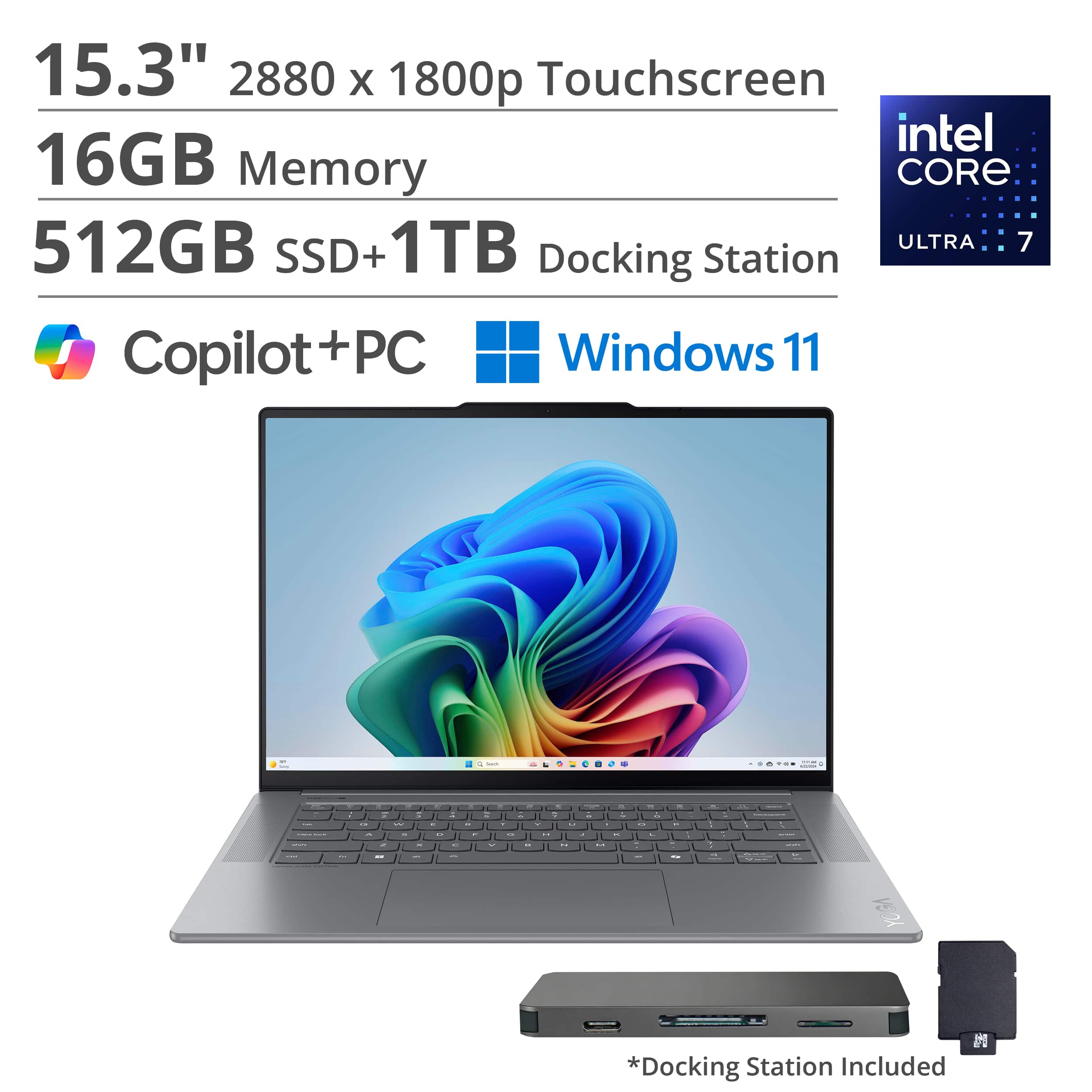 Lenovo - Yoga Slim 7i Aura Edition - Copilot+PC - 15.3" 3K 120Hz Touchscreen Laptop - Intel Core Ultra 7 256V 2024 - 16GB - 512GB - Luna Gray