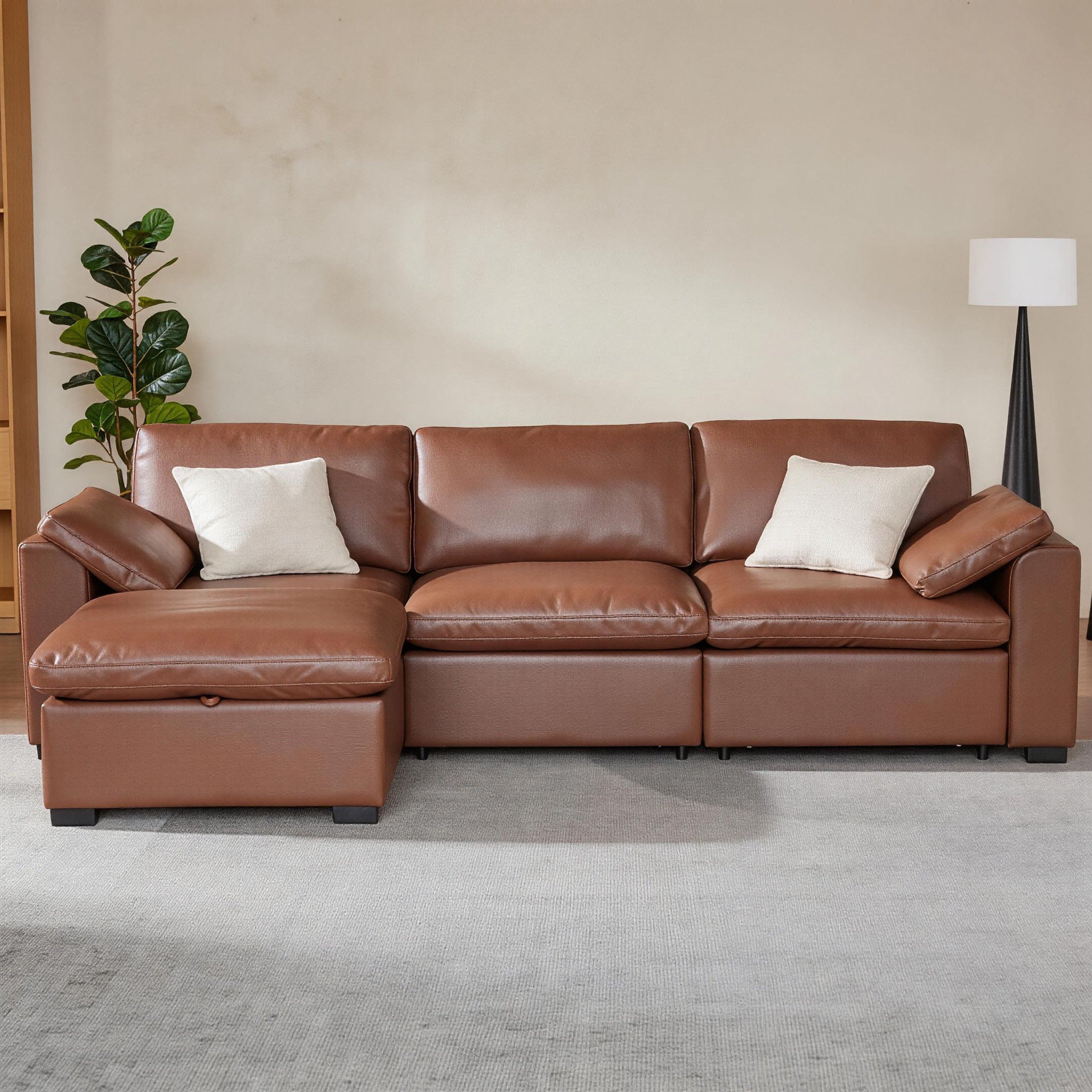 Dyonery - Large-sized down modular cloud sofa - leather imitation - brown. L-shaped 3+1 style. - Brown