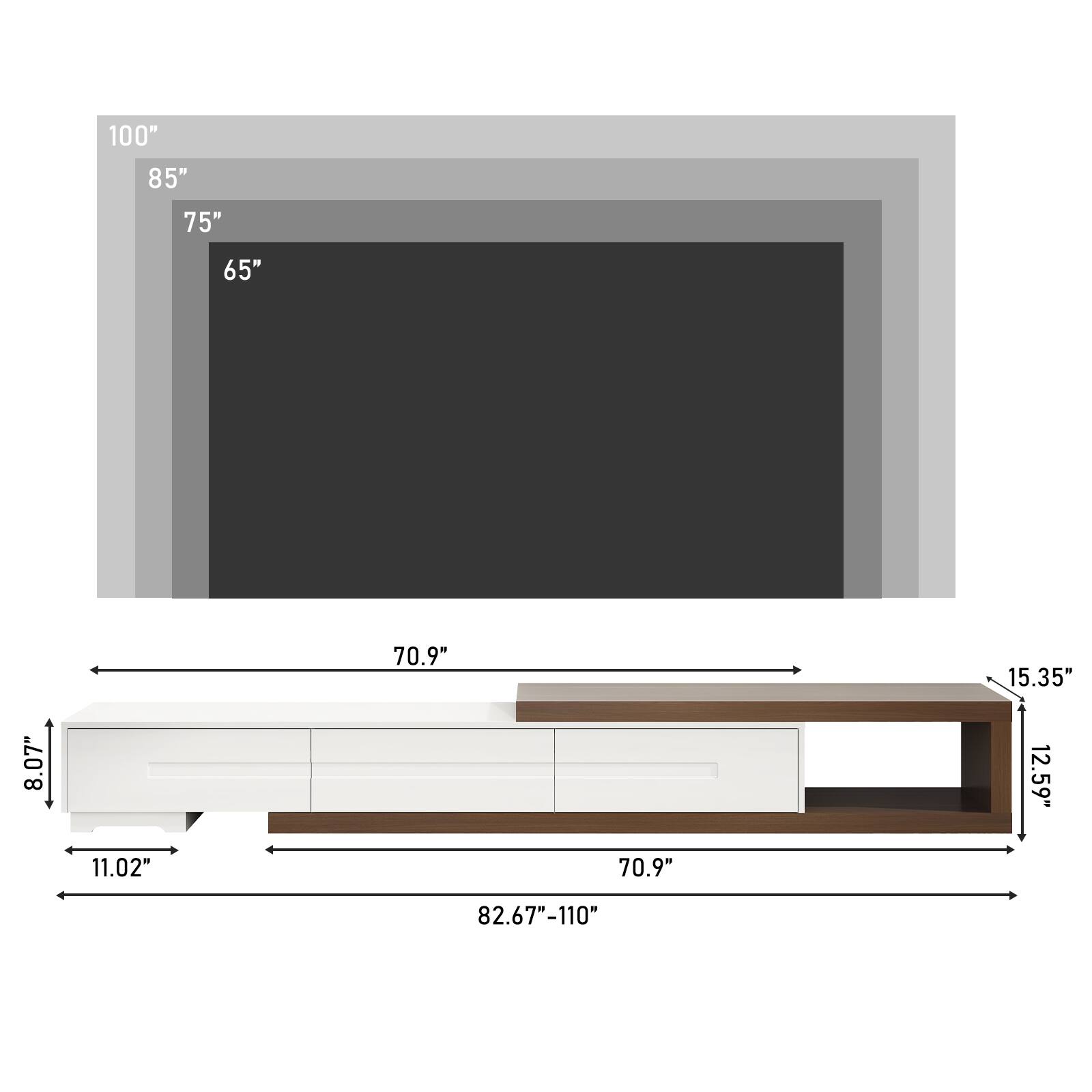100"  
85"  
75"  
65"  
70.9"  
15.35"  
8.07"  
12.59"  
11.02"  
70.9"  
82.67"-110"