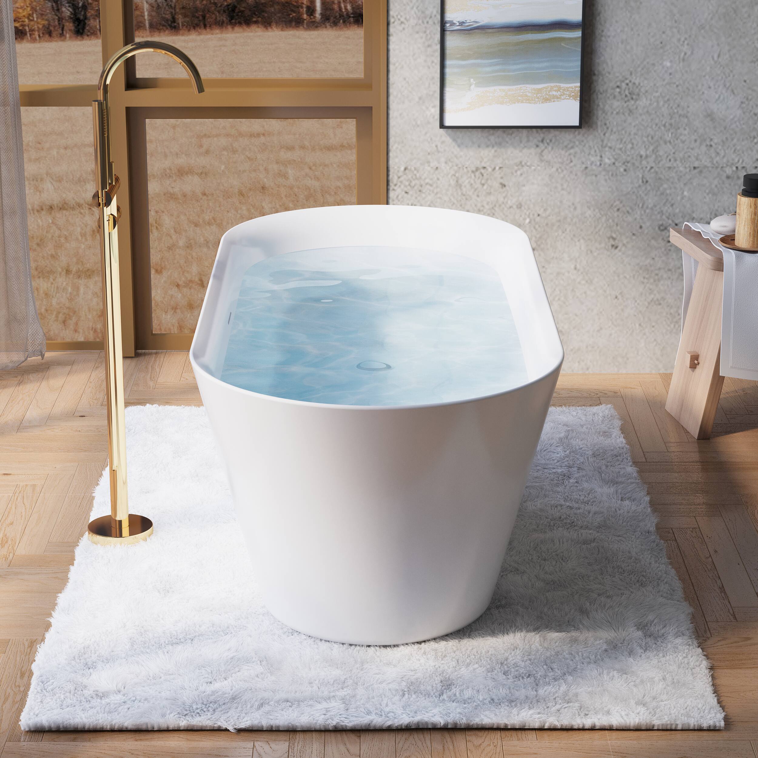 Left. WELLFOR - Sable 66 in. Acrylic Flat Bottom Double Ended Freestanding Soaking  Bathtub with Drain and Overflow - White.