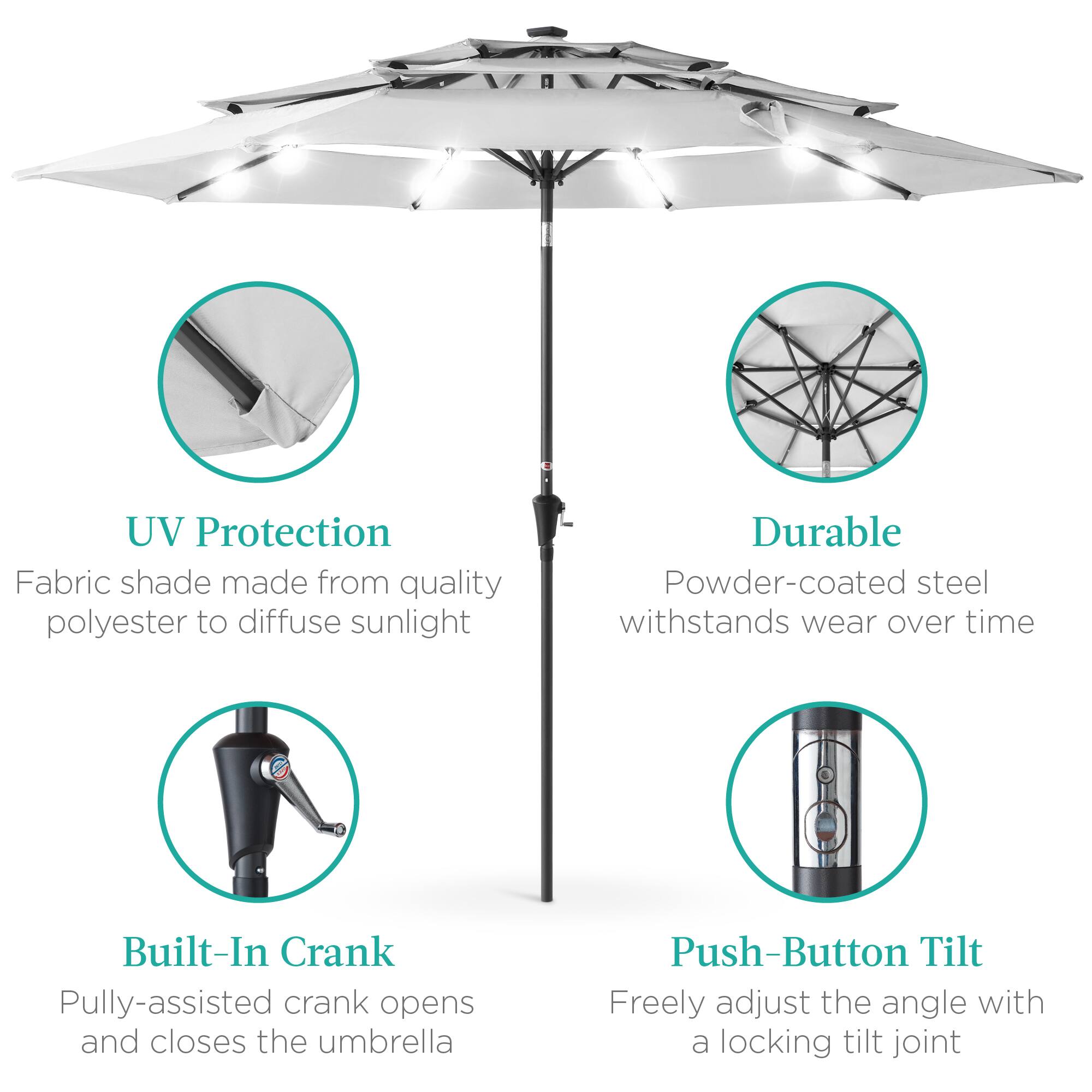 - UV Protection  
  Fabric shade made from quality polyester to diffuse sunlight

- Durable  
  Powder-coated steel withstands wear over time

- Built-In Crank  
  Pulley-assisted crank opens and closes the umbrella

- Push-Button Tilt  
  Freely adjust the angle with a locking tilt joint