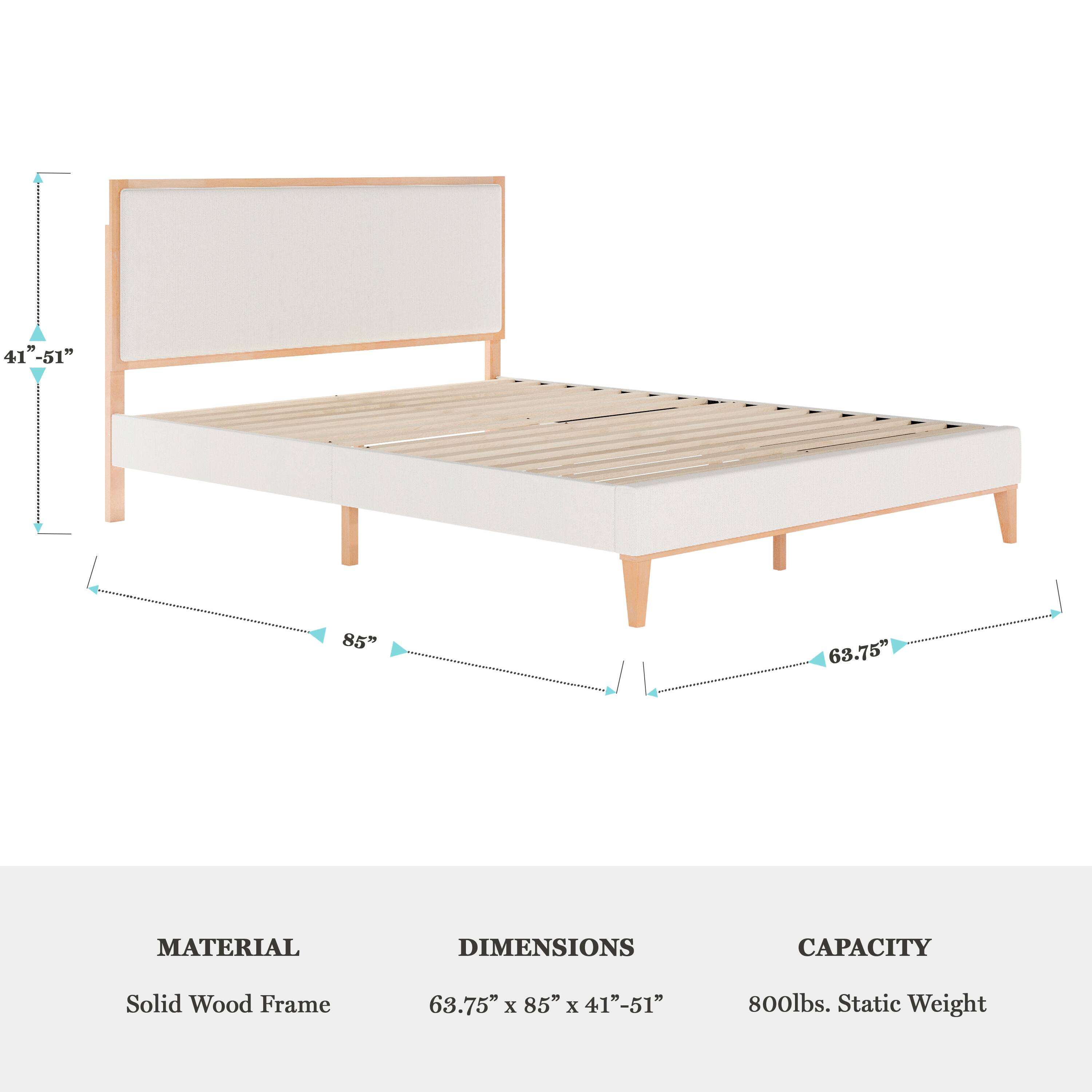 1. MATERIAL: Solid Wood Frame
2. DIMENSIONS: 63.75" x 85" x 41"-51"
3. CAPACITY: 800lbs. Static Weight