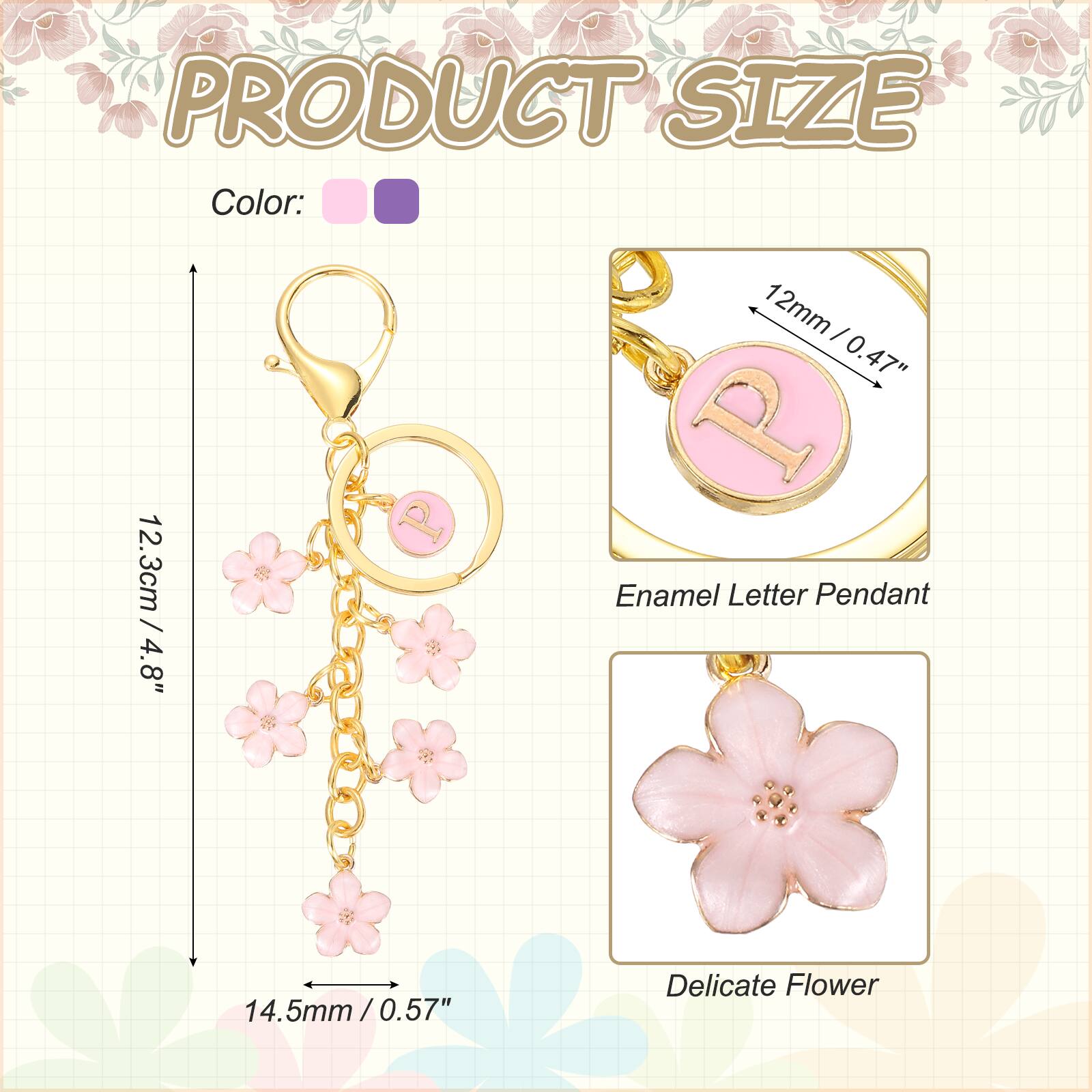 PRODUCT SIZE

Color: 12.3cm / 4.8"  
12mm / 0.47"  
Enamel Letter Pendant  
14.5mm / 0.57"  
Delicate Flower