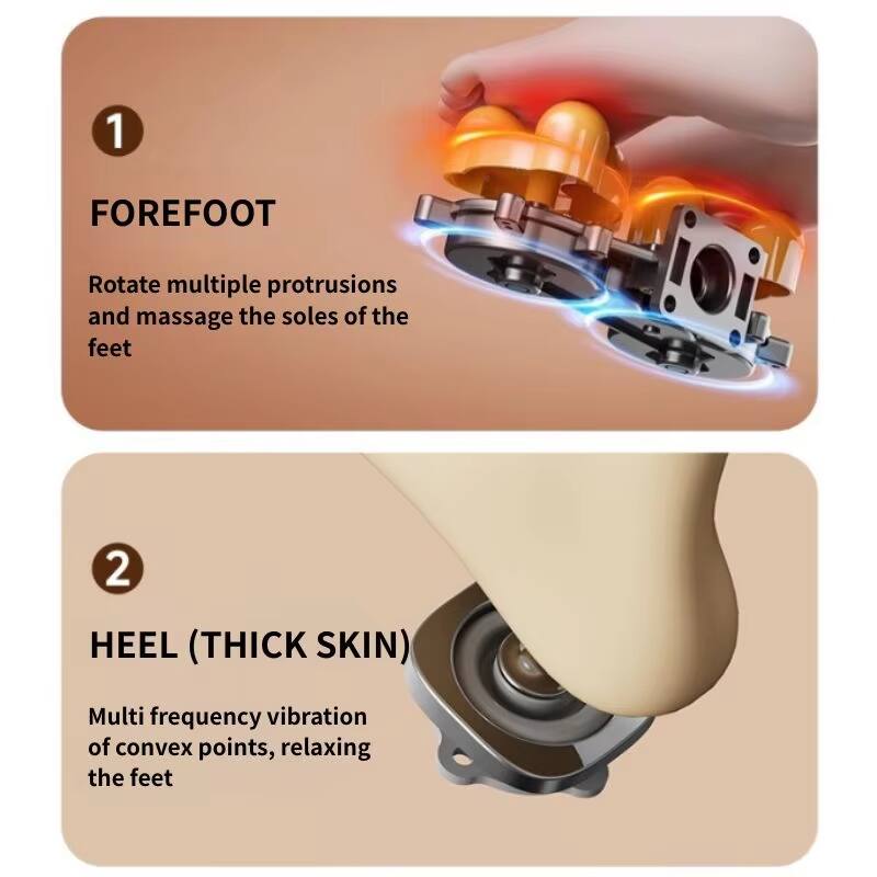 1. FOREFOOT  
   Rotate multiple protrusions and massage the soles of the feet

2. HEEL (THICK SKIN)  
   Multi frequency vibration of convex points, relaxing the feet