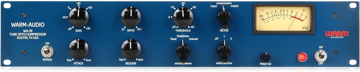 WARM-AUDIO WA-1B TUBE OPTO COMPRESSOR  
AUSTIN, TX USA  

ON  
BYPASS  

GAIN: -10, 0, +10, +20, +30  

RATIO: 2:1, 10:1  

THRESHOLD: -20, -10, 0, -40 (fixed/manual)  

ATTACK: fast, slow  

RELEASE: fast, slow  

METER: 1, 2  

SIDECHAIN BUS  

METER CAL  

VU METER