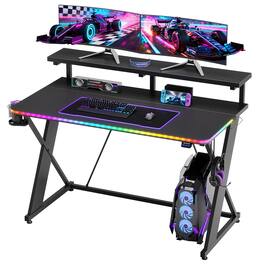 RSPGAME - Dynamic Color-Changing Gaming Desk,Ergonomic & Dual Monitor Stand,X-Frame,Carbon Fiber Surface, Racing Gear Style - Black
