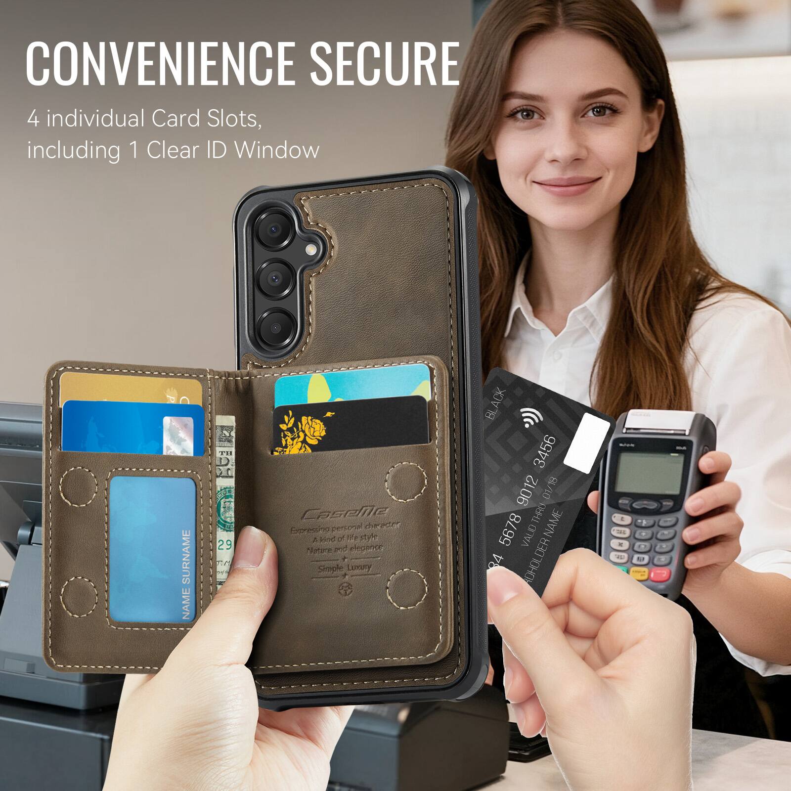 CONVENIENCE SECURE  
4 individual Card Slots, including 1 Clear ID Window  

SURNAME NAME  
TH D Dr 29 T4 T  
Caseje personal direct  
Expecting Rind o M  
Style Nature pd elegance Simple Luxury  

ACK BL 3456 9012 01/18 THRU  
NAME 5678 I VAUID 84 ADHOLDER