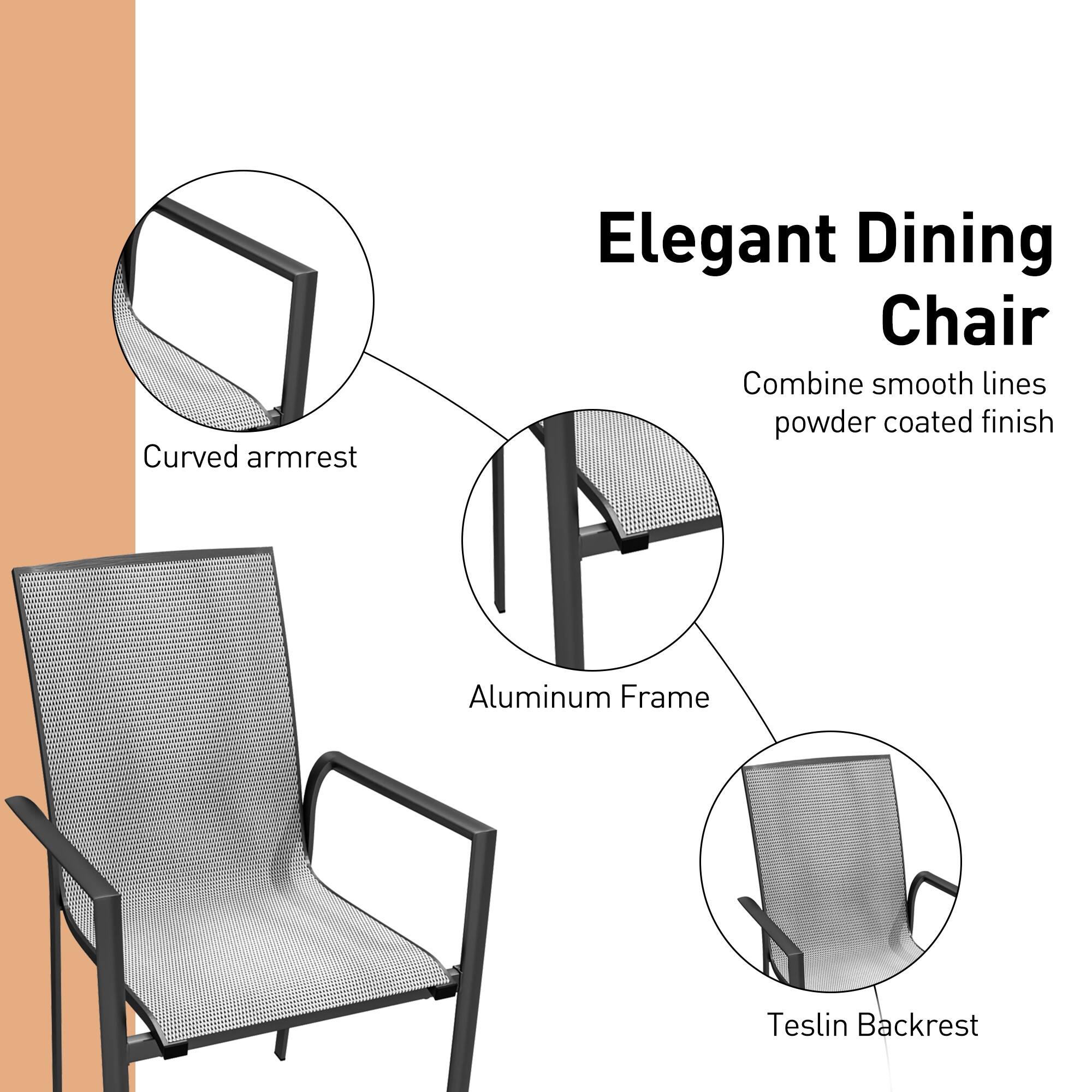 Curved armrest  
Elegant Dining Chair  
Combine smooth lines powder coated finish  
Aluminum Frame  
Teslin Backrest