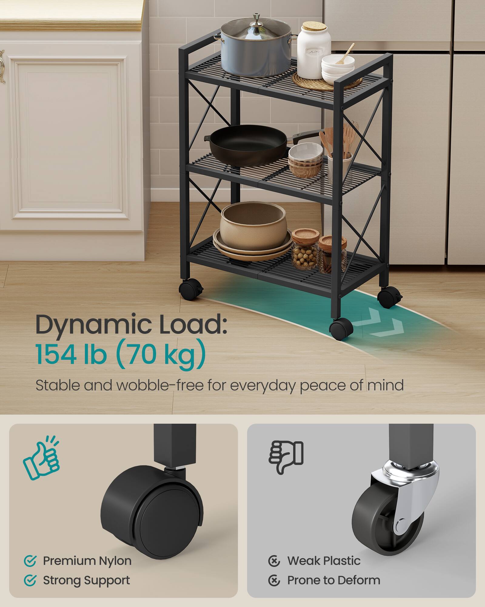 Dynamic Load: 154 lb (70 kg)  
Stable and wobble-free for everyday peace of mind  

Premium Nylon  
Strong Support  

Weak Plastic  
Prone to Deform