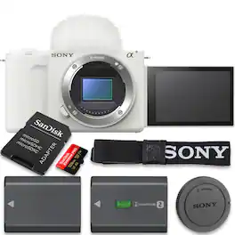 Bundle - Sony - ZV-E10 II Body-Only Camera with Extra Battery, 64GB Card & Case - White