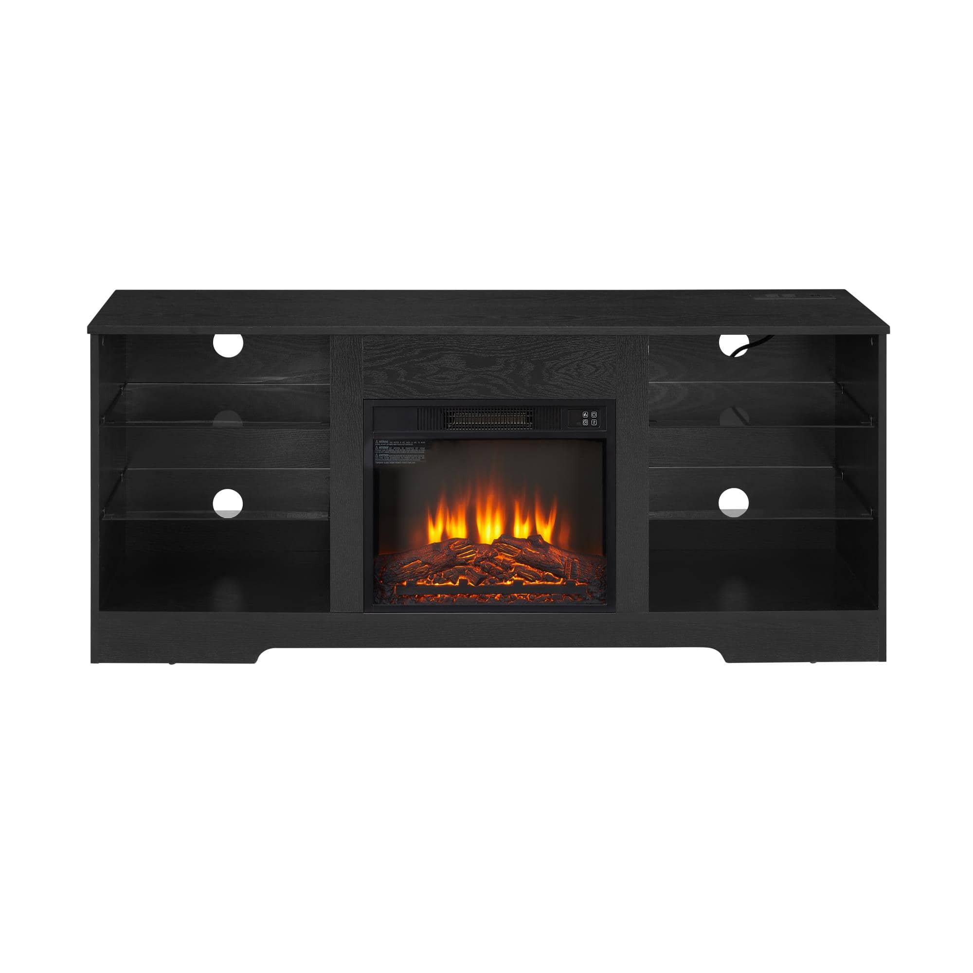 Boyel Living - TV Stand Electric Fireplace TV Stand with Glass Shelves 3D Fireplace TV Stand with LED Lights Wood with USB Charging - Black