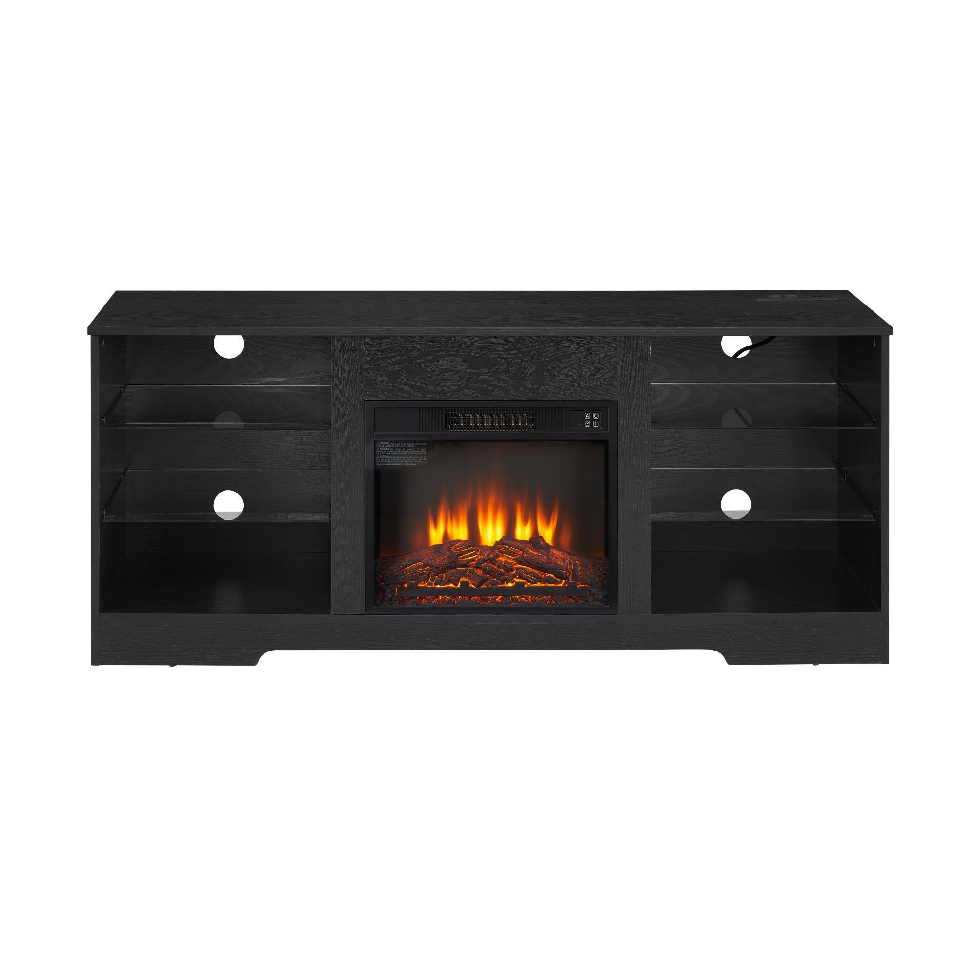 Front. Boyel Living - TV Stand Electric Fireplace TV Stand with Glass Shelves 3D Fireplace TV Stand with LED Lights Wood with USB Charging - Black.