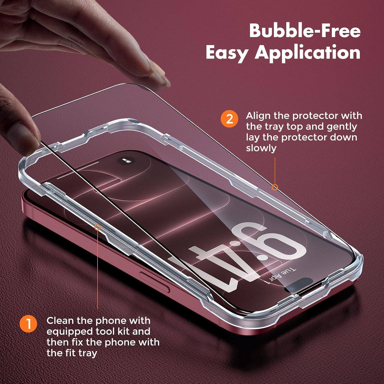 Bubble-Free Easy Application

1. Clean the phone with equipped tool kit and then fix the phone with the fit tray

2. Align the protector with the tray top and gently lay the protector down slowly