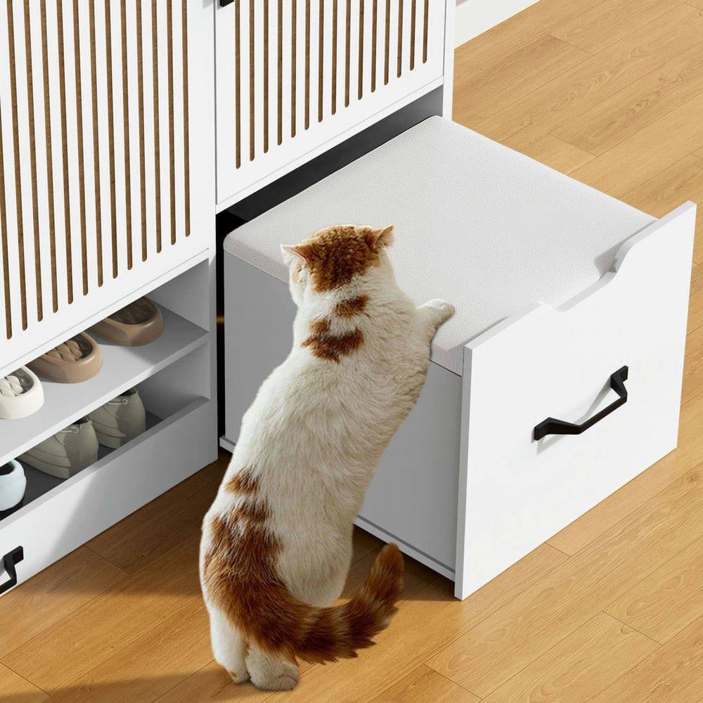 Alt View 5. Kadyn - Multi-Functional Shoe Cabinet with Stool and Adjustable Shelves - White - White.
