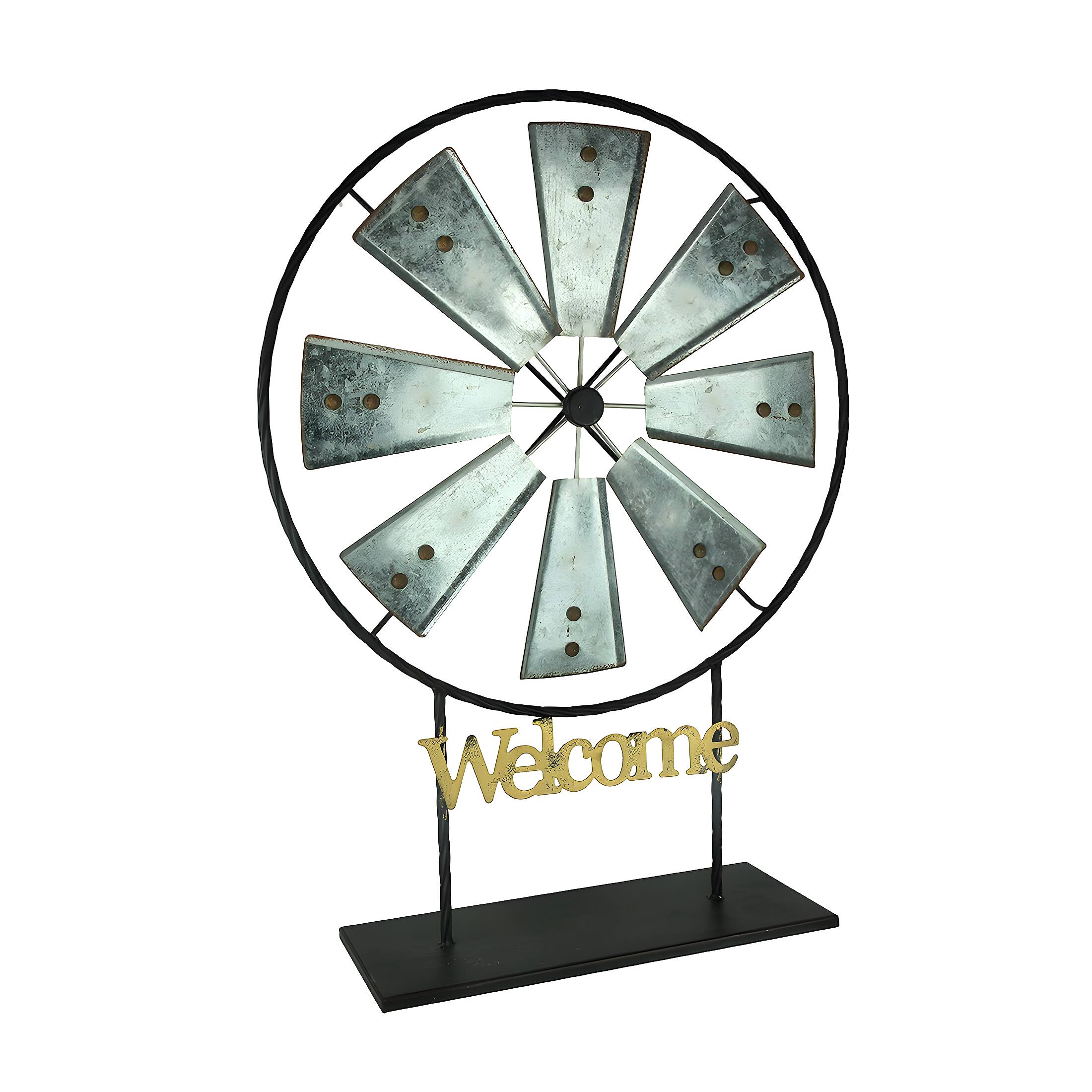 Front. Direct International - Black and Silver Metal Spinning Windmill Welcome Sign Sculpture - Black.