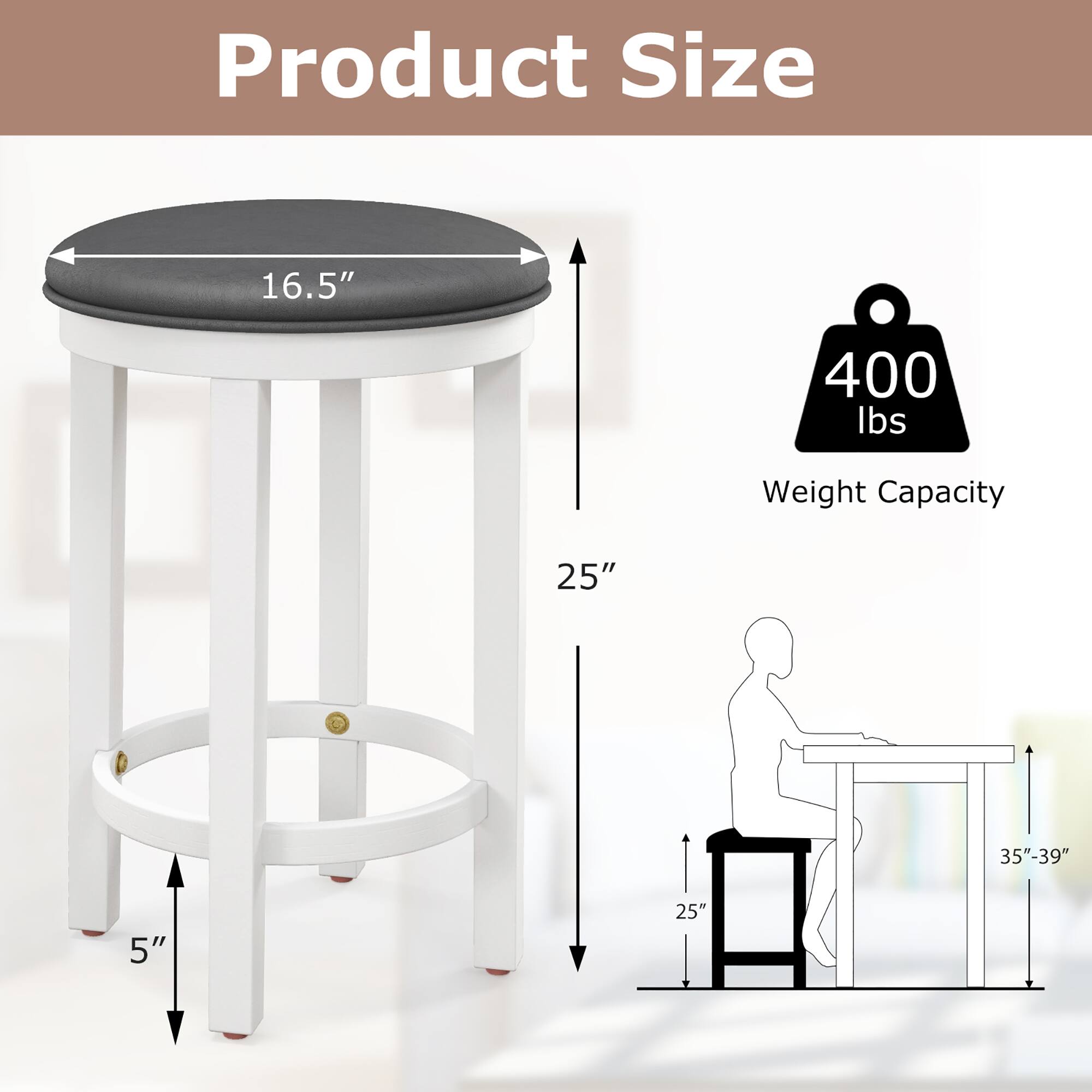 Product Size: 16.5" 25" 5" 25"

Weight Capacity: 400 lbs

Height: 35"-39"