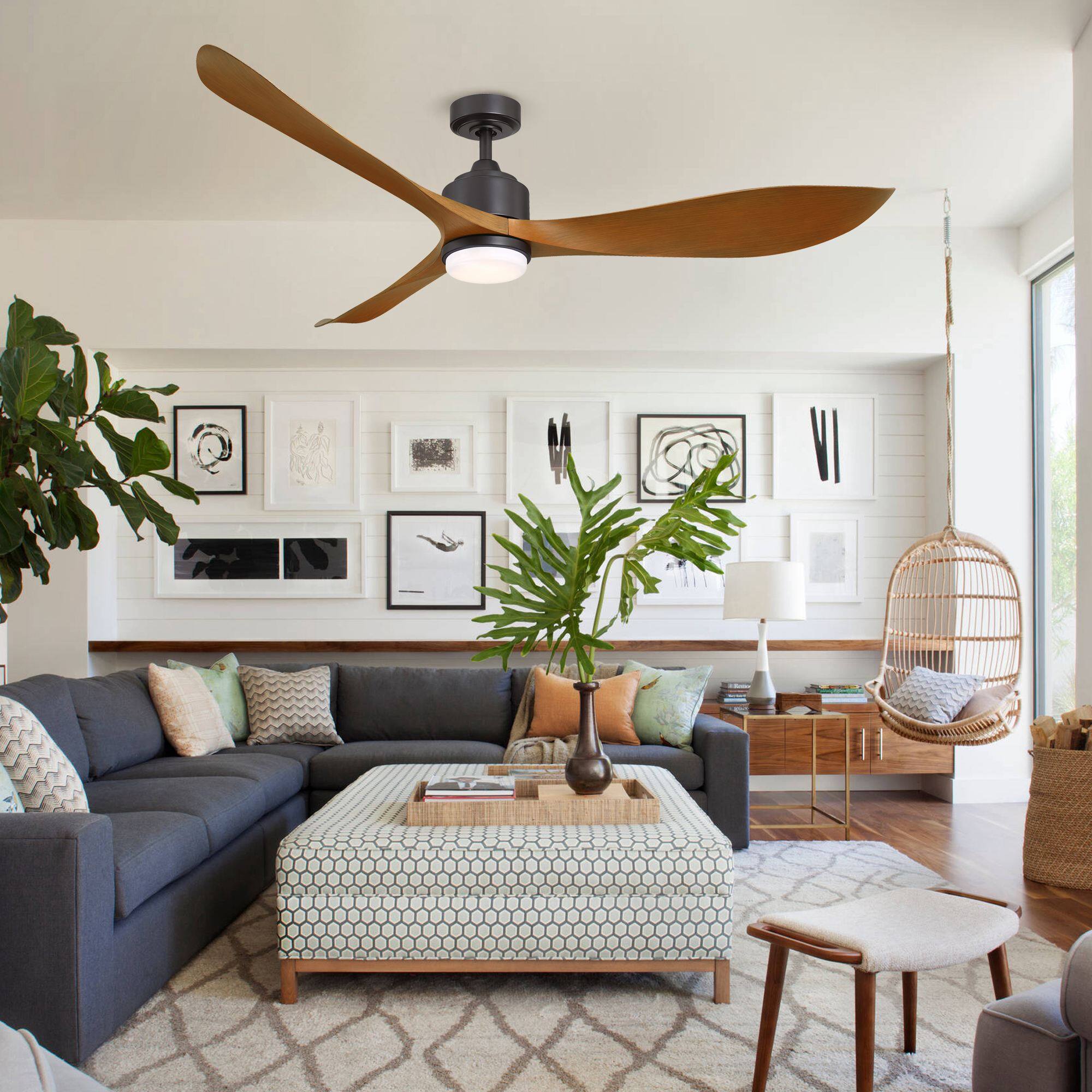 Left. Parrot Uncle - 66" Modern Brown 3-Blade Dimmable Ceiling Fan with Light and Remote - Oil Rubbed Bronze.