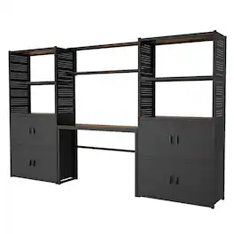 Fleximounts - Heavy-Duty Garage Storage & Workstation System with Cabinets & Side Pegboards, 120"W x 71"H x 16"D - Black