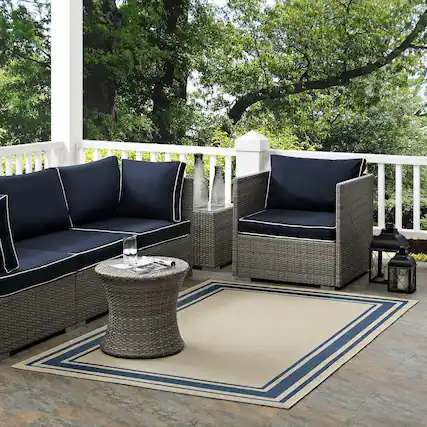Front. Modway - Rim Solid Border Indoor and Outdoor Area Rug - Blue and Beige.