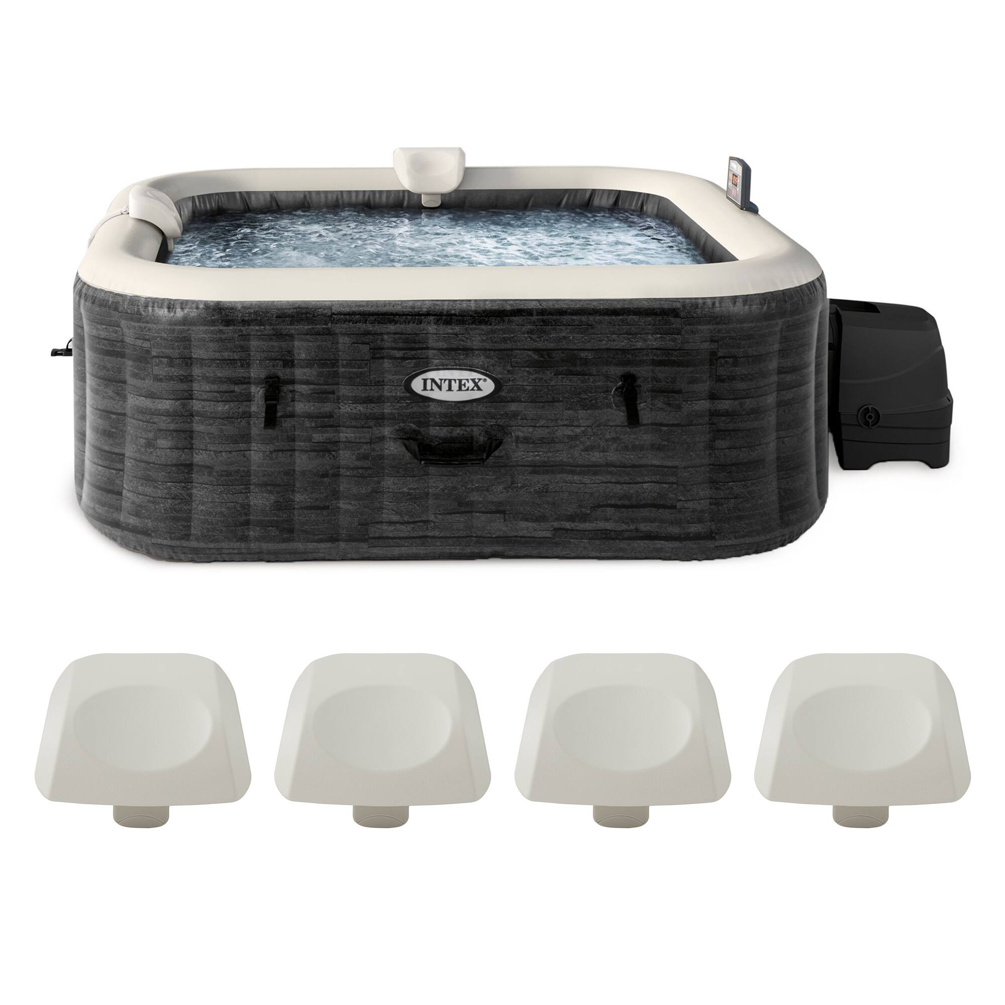 Front. Intex - Intex PureSpa Plus Greystone Inflatable Hot Tub, 94x28", with 4 Headrest Pillows - Gray.