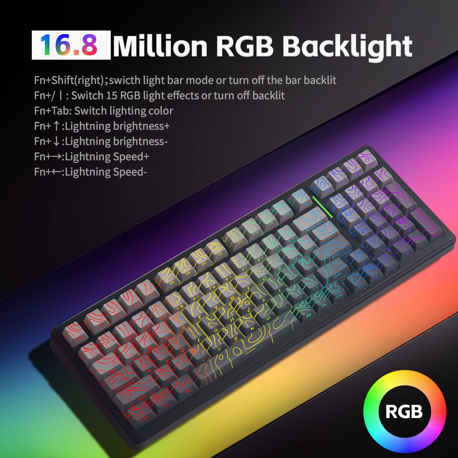 16.8 Million RGB Backlight

Fn+Shift(right); switch light bar mode or turn off the bar backlit  
Fn+/ : Switch 15 RGB light effects or turn off backlit  
Fn+Tab: Switch lighting color  
Fn+↑: Lightning brightness+  
Fn+↓: Lightning brightness-  
Fn+→: Lightning Speed+  
Fn+←: Lightning Speed-