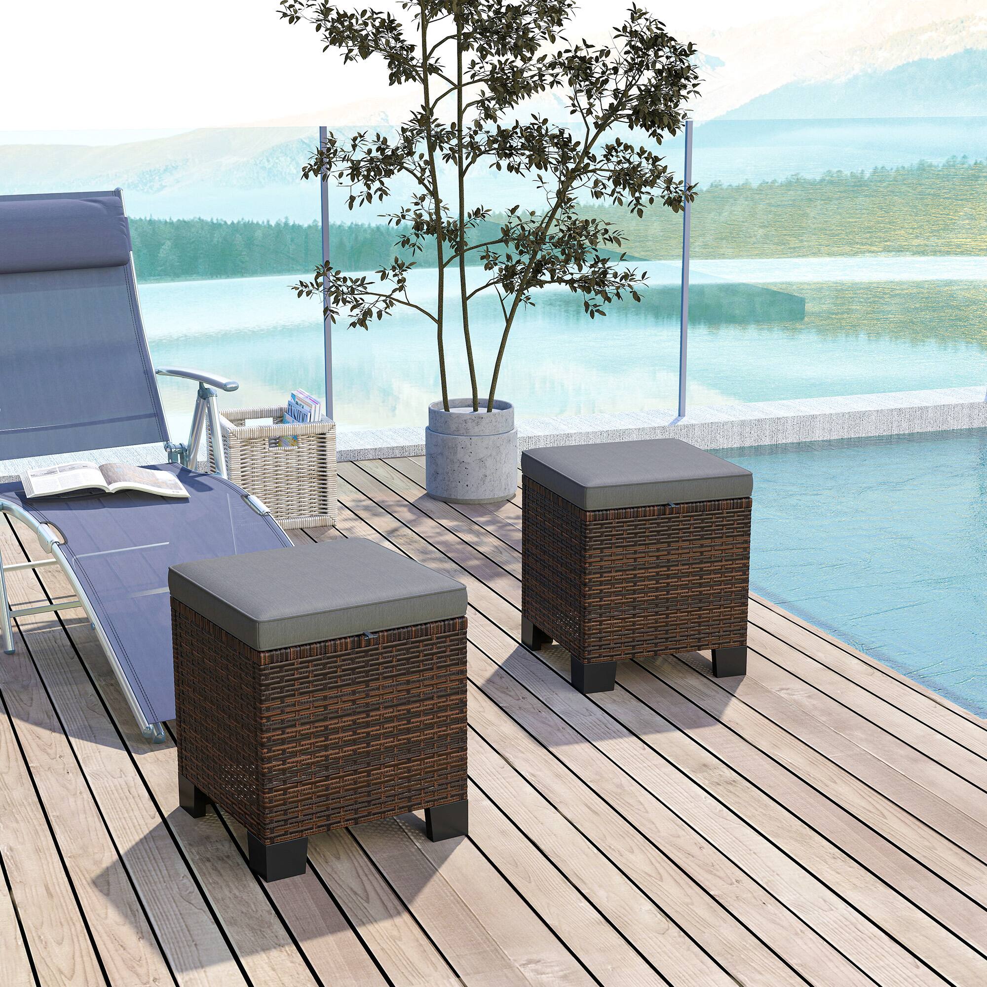 Alt View 1. Outsunny - 2 Pieces Outdoor Patio Ottomans, All Weather Wicker Outdoor Footstools with Removable Cushions - Gray.