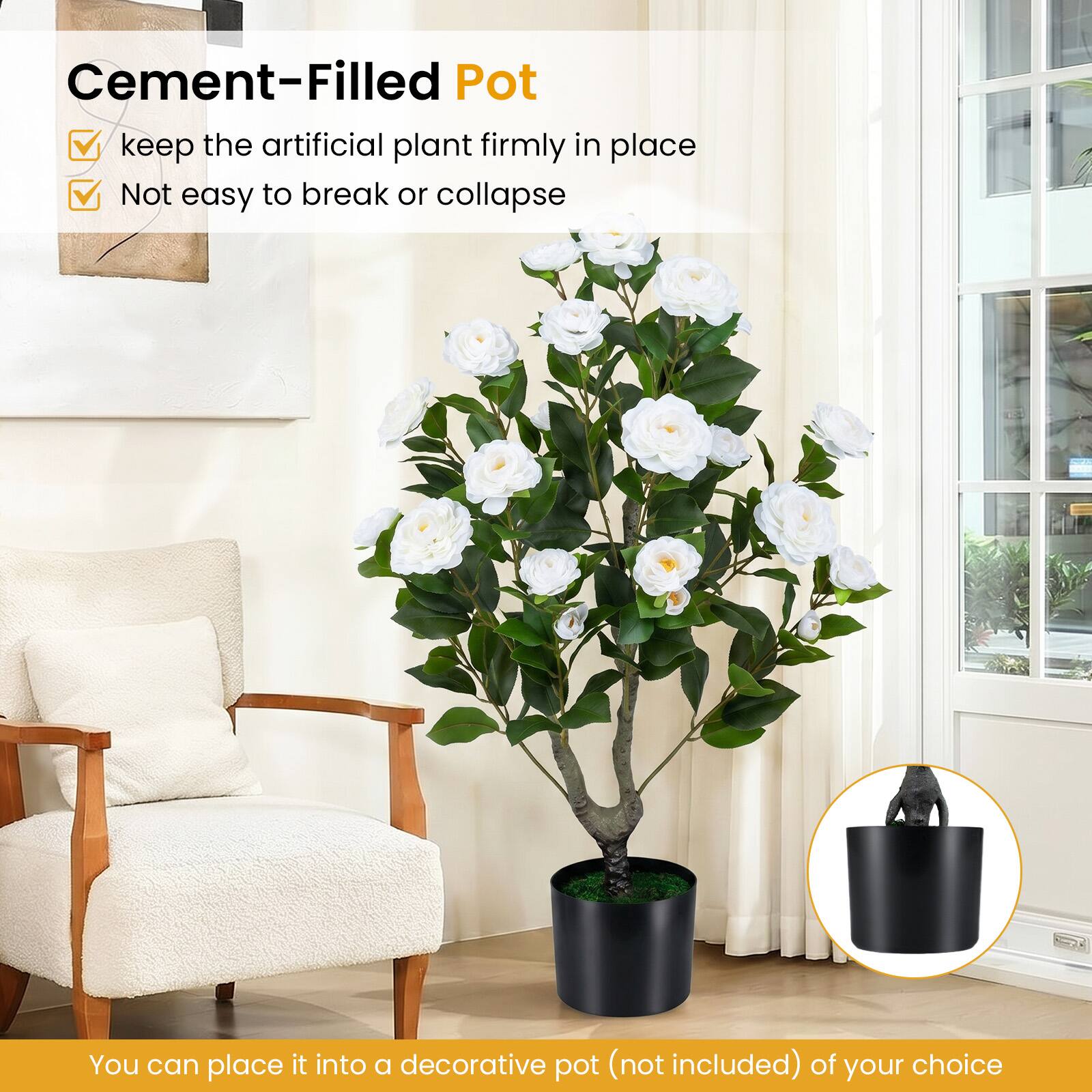 Cement-Filled Pot  
- Keep the artificial plant firmly in place  
- Not easy to break or collapse  

You can place it into a decorative pot (not included) of your choice