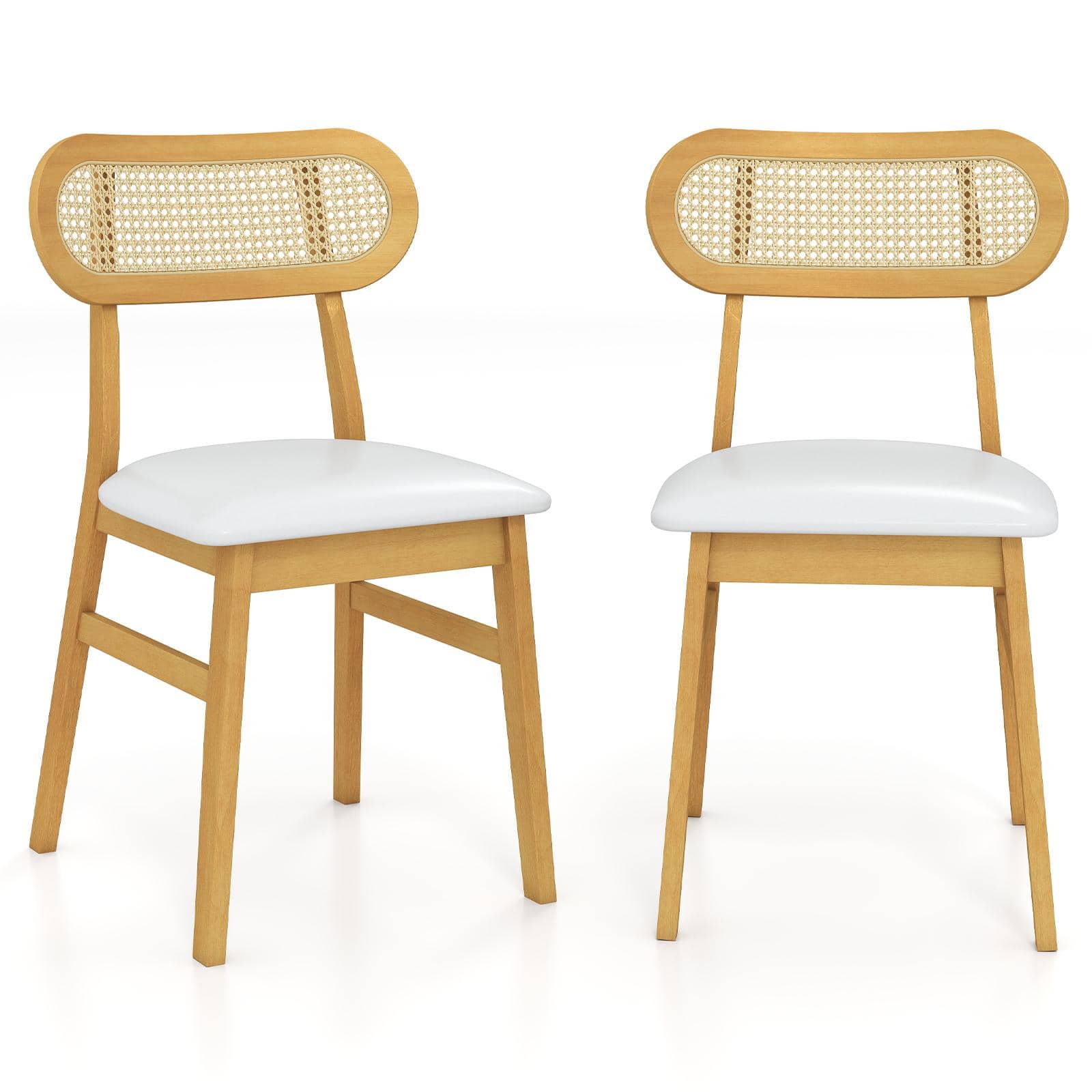 Costway - Wood Dining Chairs Set of 2 with Padded Seat & Faux Leather Cover for Kitchen - Natural+White