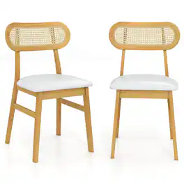 Costway - Wood Dining Chairs Set of 2 with Padded Seat & Faux Leather Cover for Kitchen - Natural+White