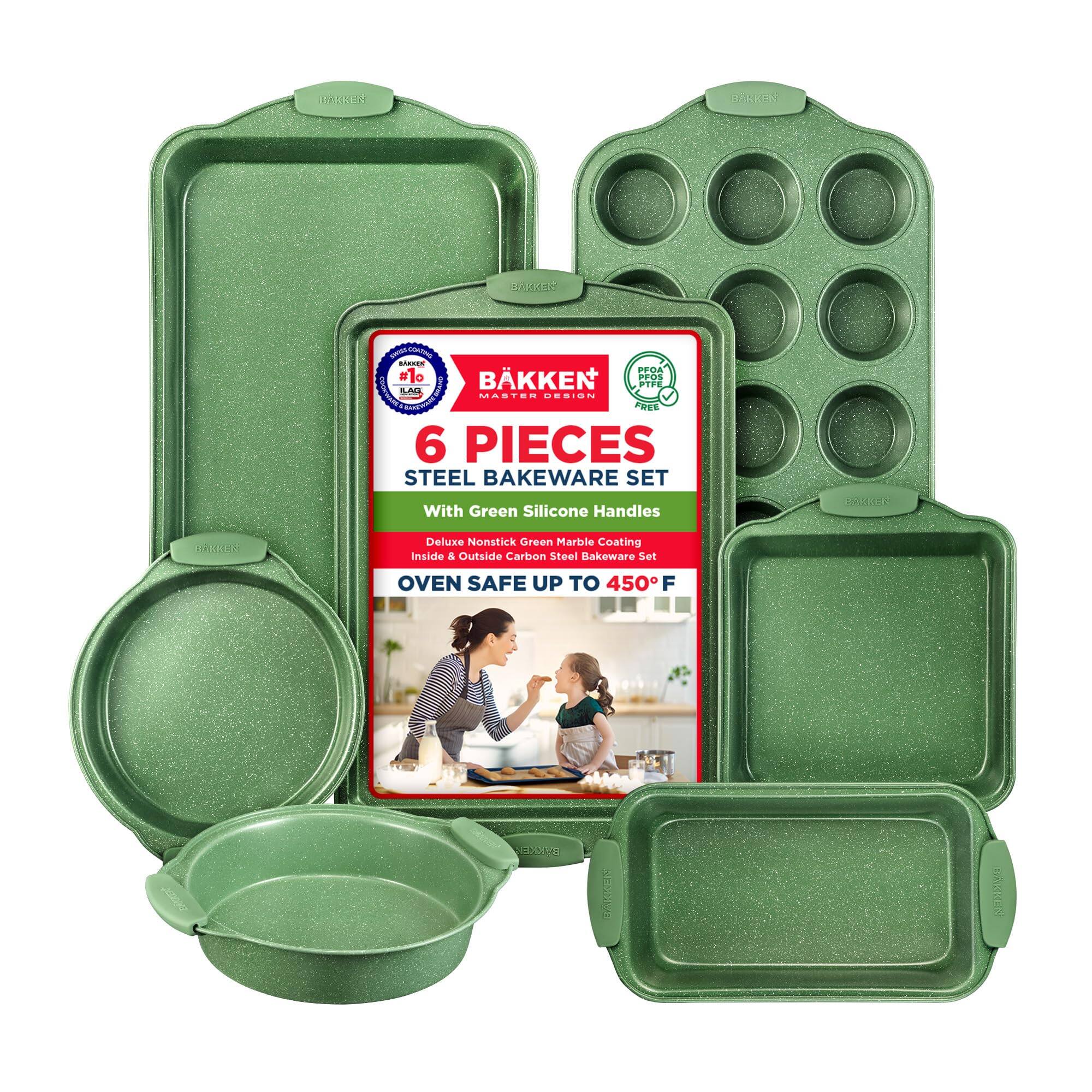 6 PIECES STEEL BAKEWARE SET With Green Silicone Handles Deluxe Nonstick Green Marble Coating Inside & Outside Carbon Steel Bakeware Set Oven Safe Up To 450 F